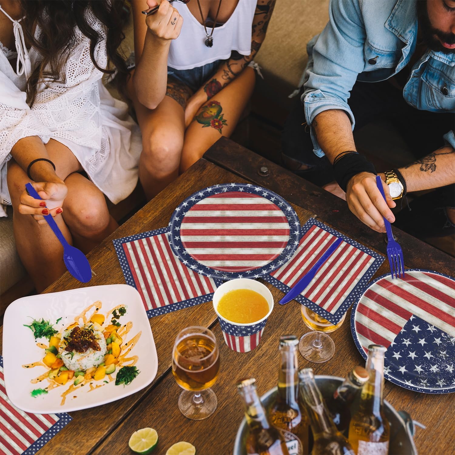 168Pcs Retro Independence Day Tableware Set, 4th of July Plates and Napkins for American Memorial Day Decorations, Stars and Stripes Pattern Patriotic Party Supplies, Serves 24