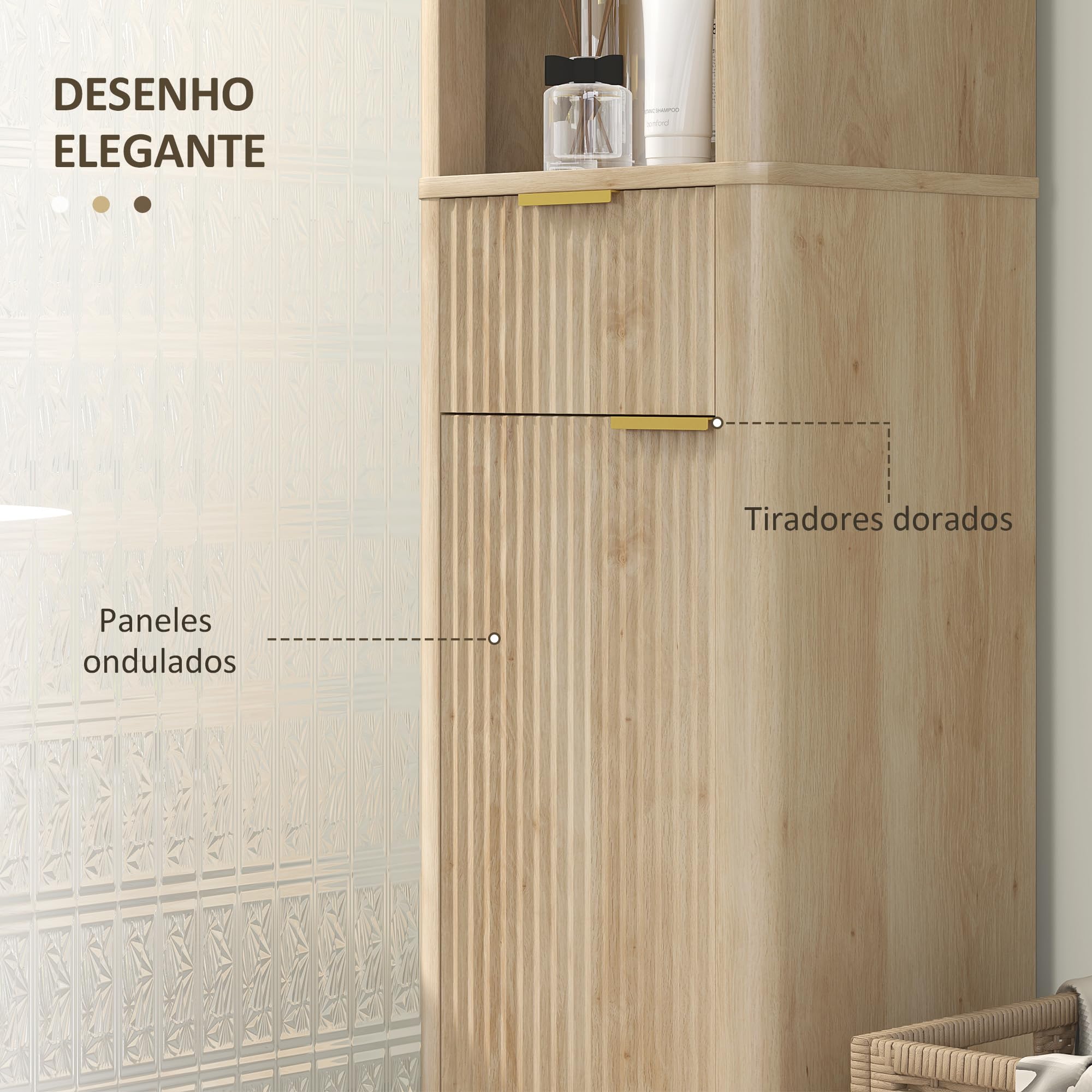 HOMCOM Mueble de Baño Estrecho Puerta de Acanalado 33x30x170 cm Natural | Columna de Baño, Cajón, 3 Compartimentos Abiertos, Estantes Ajustables
