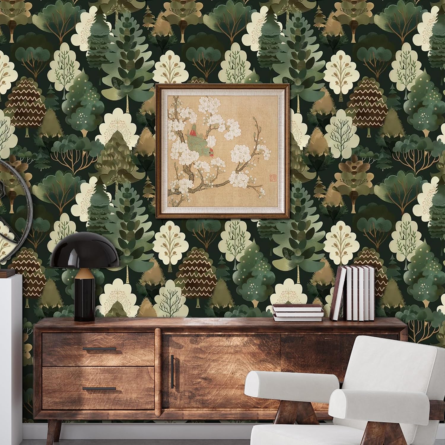 Green Catoon Tree Forest Wallpaper Peel and Stick Warm Comfortable Wallpaper for Bedroom Bathroom Removable Adhesive Green Contact Paper for Walls Cabinets Renter Friendly 17.71”x236.2”