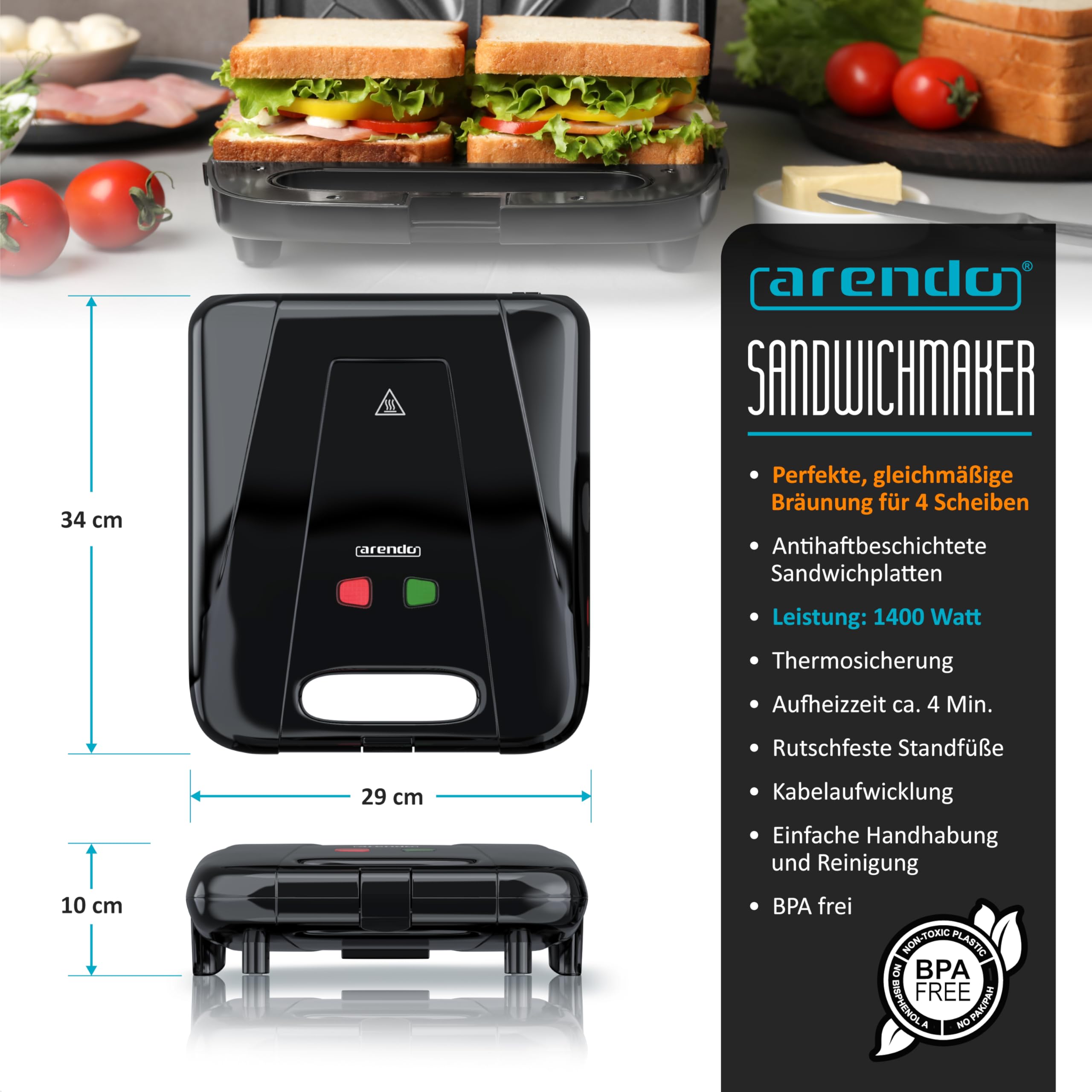 Arendo - Sandwichmaker XXL – für 4 Sandwiches – 1400 W – Sandwichtoaster mit Antihaftbeschichtung – Schnellaufheizung – automatische Temperaturregelung – integrierte Kabelaufwicklung – rutschfeste Füß
