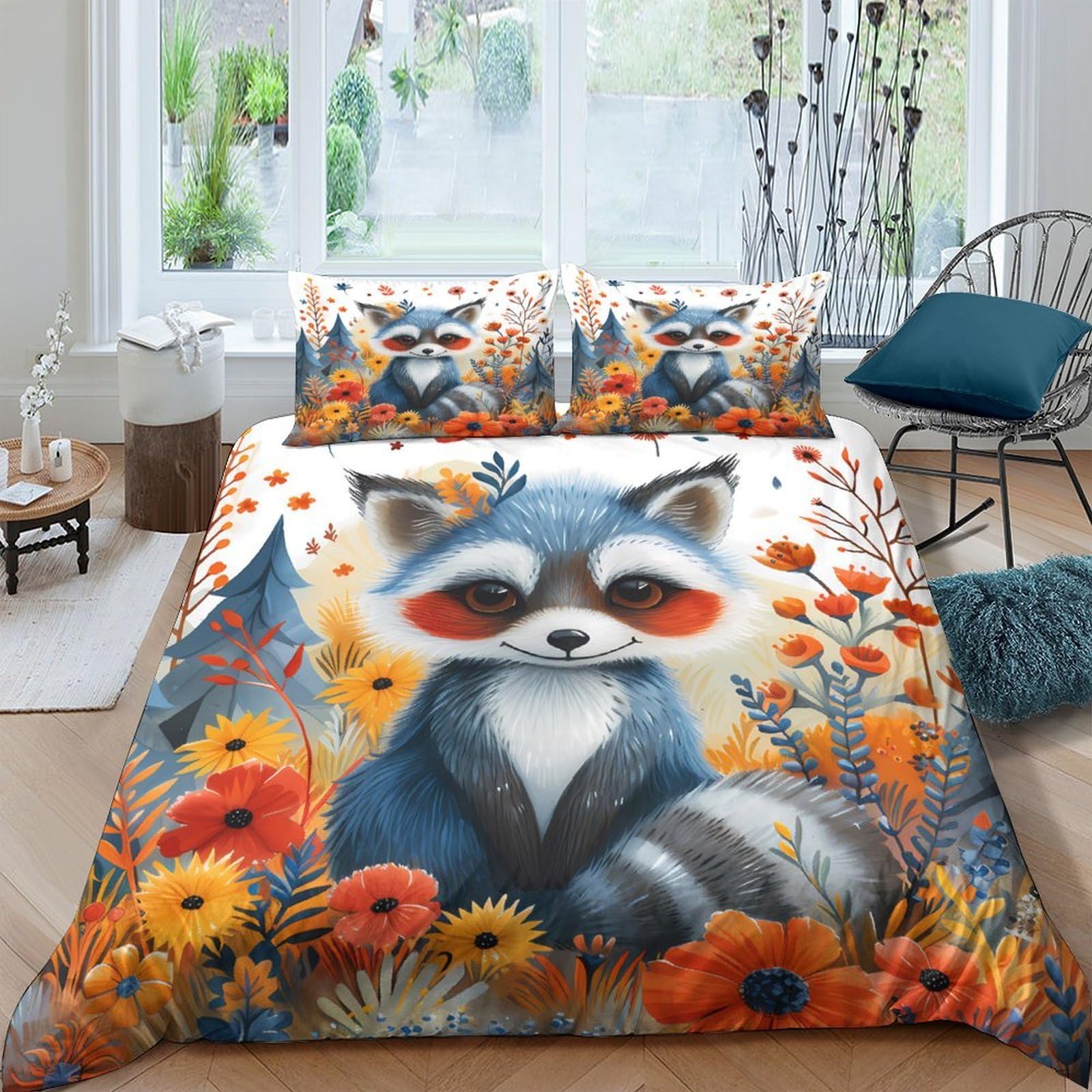 Ctjqhvkz Style-9 3D Printed Raccoon Forest Fitted Sheet Microfiber Soft Orange Floral Bed Cover For Bedroom Dorm Decor Single（135X200cm）