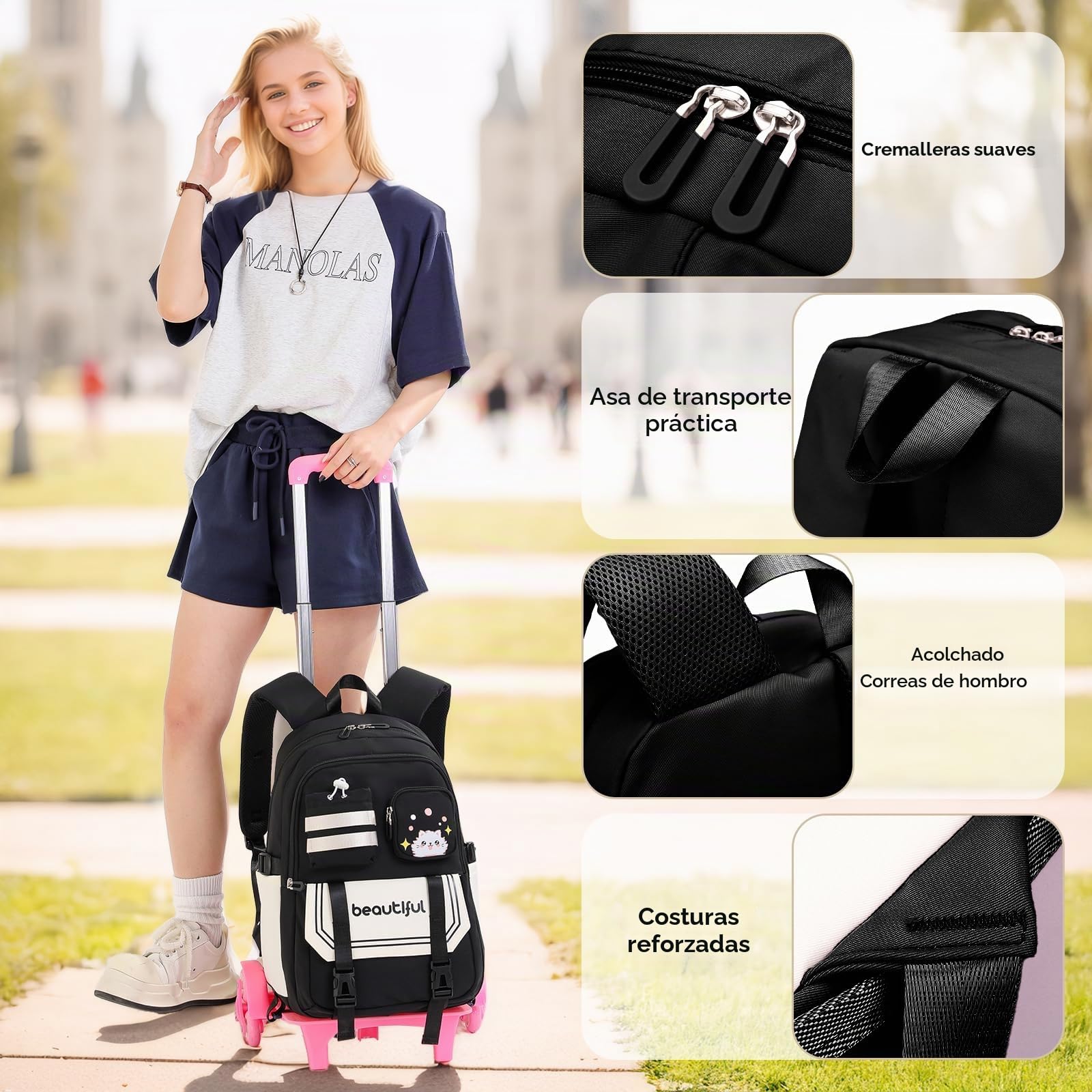 Amythe Mochila Escolar con 6 Ruedas para Niñas 9 a 16 años, Negro | 28L Mochila Colegio Chicas de Primaria y Secundaria, Vuelta al cole, Carro Mochilas de Viaje Casual para Adolescentes