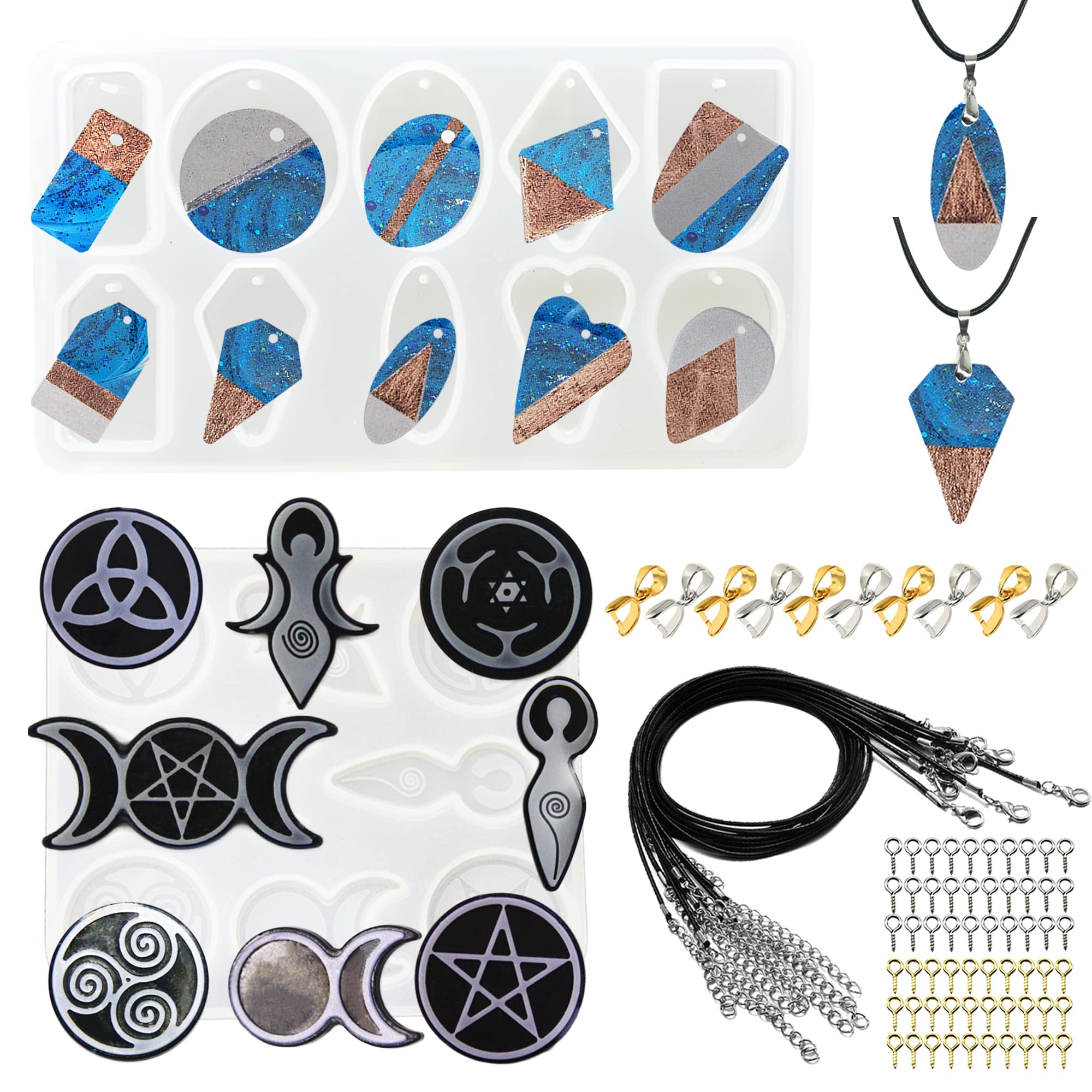 Allazone Resin Silicone Mould, 2 Pack Geometry Pendant Jewelry Casting Resin Silicone Mould Sun Moon Star Resin Moulds with Black Wax Rope and Pendant Buckle for Jewelry Making