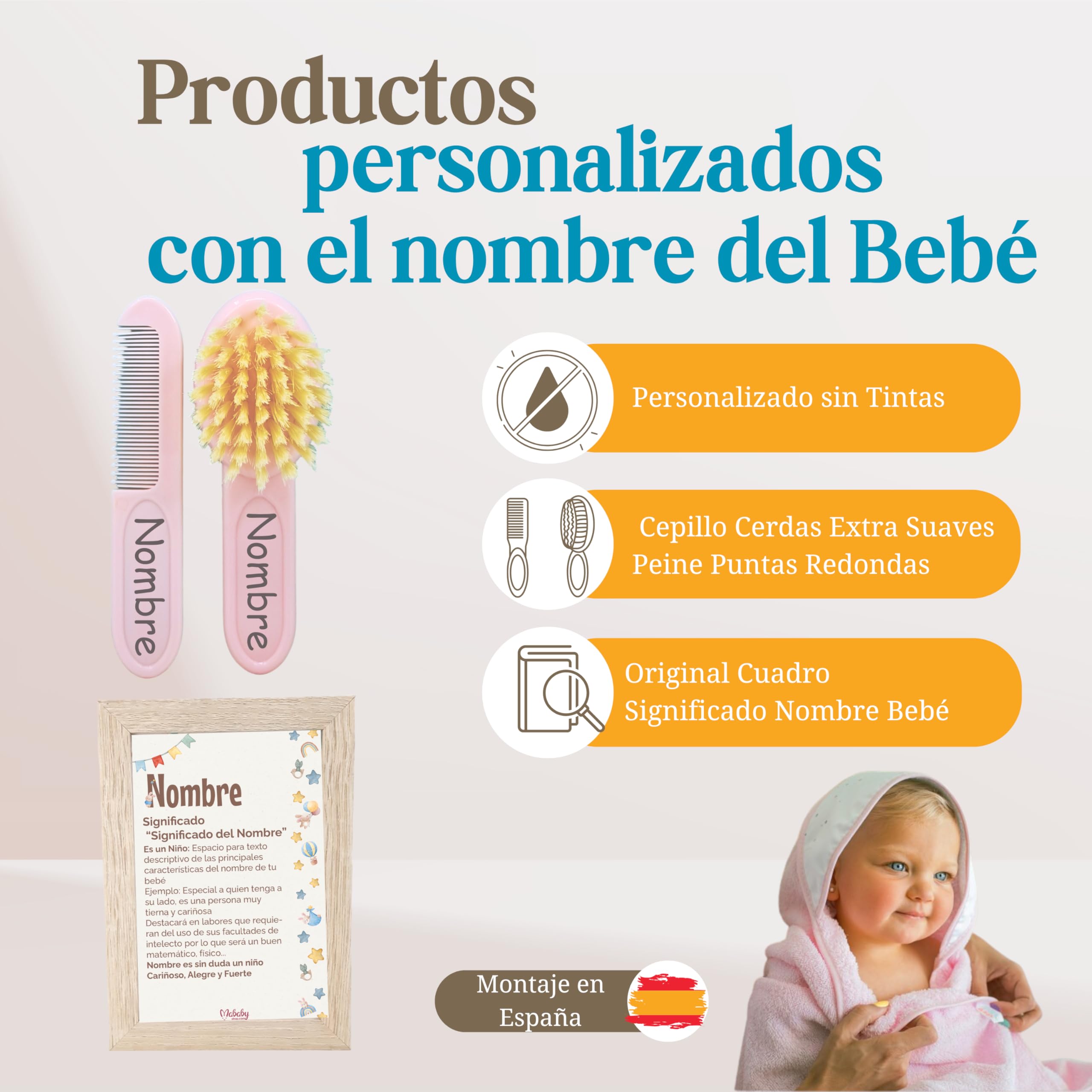 Canastilla Bebé Recién Nacido Naay, Capa de Baño (Rosa) | Canastilla personalizada con capa de baño, dou dou, set de aseo y cepillo y peine personalizados con nombre