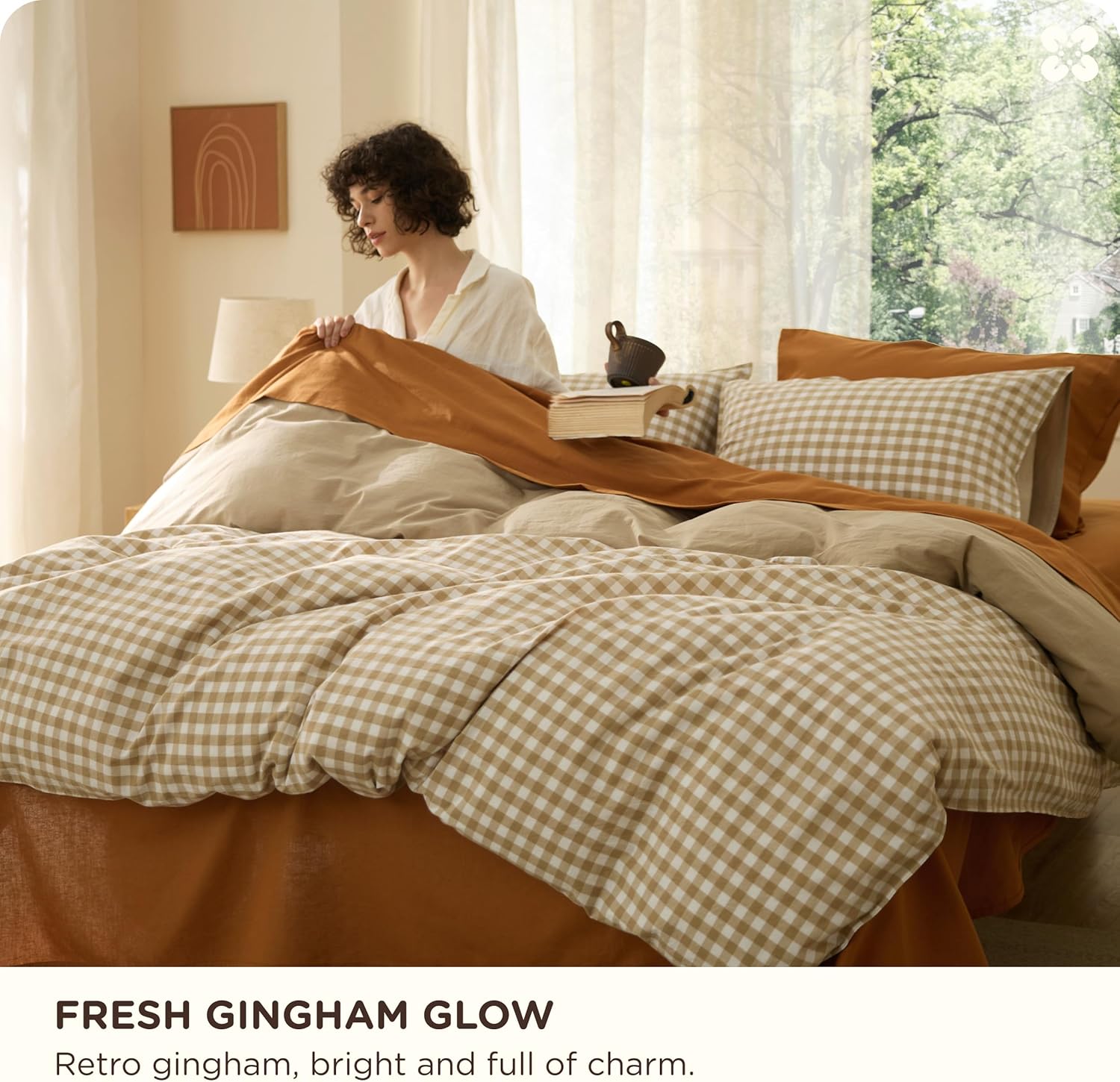 Bedsure Gingham Duvet Cover King Size,100% Washed Cotton Duvet Cover Linen Like Textured, Classic Yarn-Dyed Checkered Pattern Enhances Bedroom Comfort and Style, Gingham Khaki, 104"x90" - Image 2