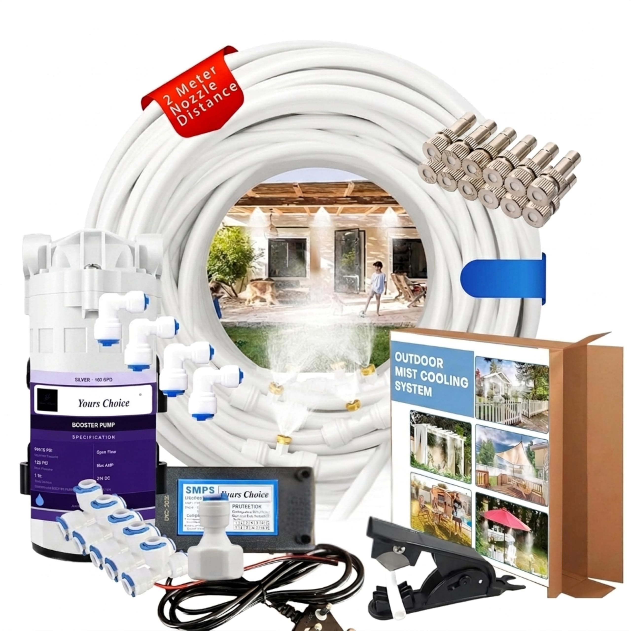 Mist Cooling System 25mtr Setup with Motor | DIY Fogger Kit for Home, Terrace, Garden, Dairy Farm & Poultry Farm | 12 Push-Fit Nozzles, DC Pump, 25m Pipe, Connectors | 2mtr Nozzle Spacing-image-11