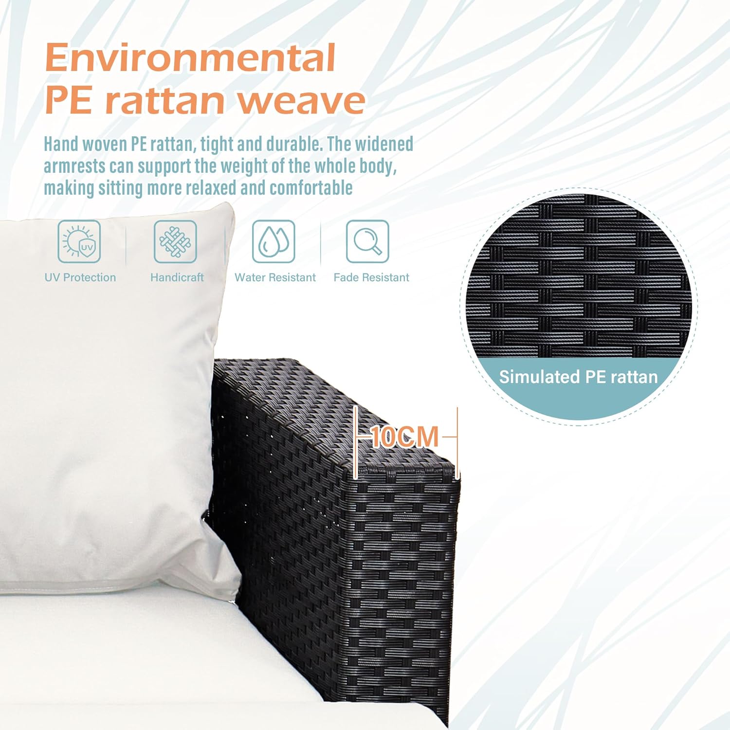 AOUXIN Rattan Garden Furniture Set, 3-Piece Outdoor Sectional Sofa, Black Wicker with White Cushions - Image 5