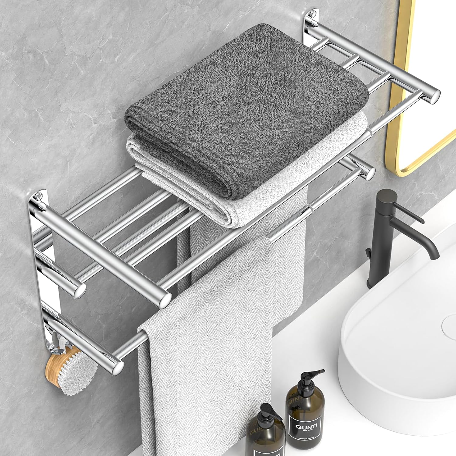 Adjustable Towel Bar for Bathroom Wall Mount17-30.7inch Adhesive Shower Towel Rack Stainless Steel Bath Towel Holders for Toilet Kitchen Double Towel Hanger (3-Layer Towel Rack) - Image 2