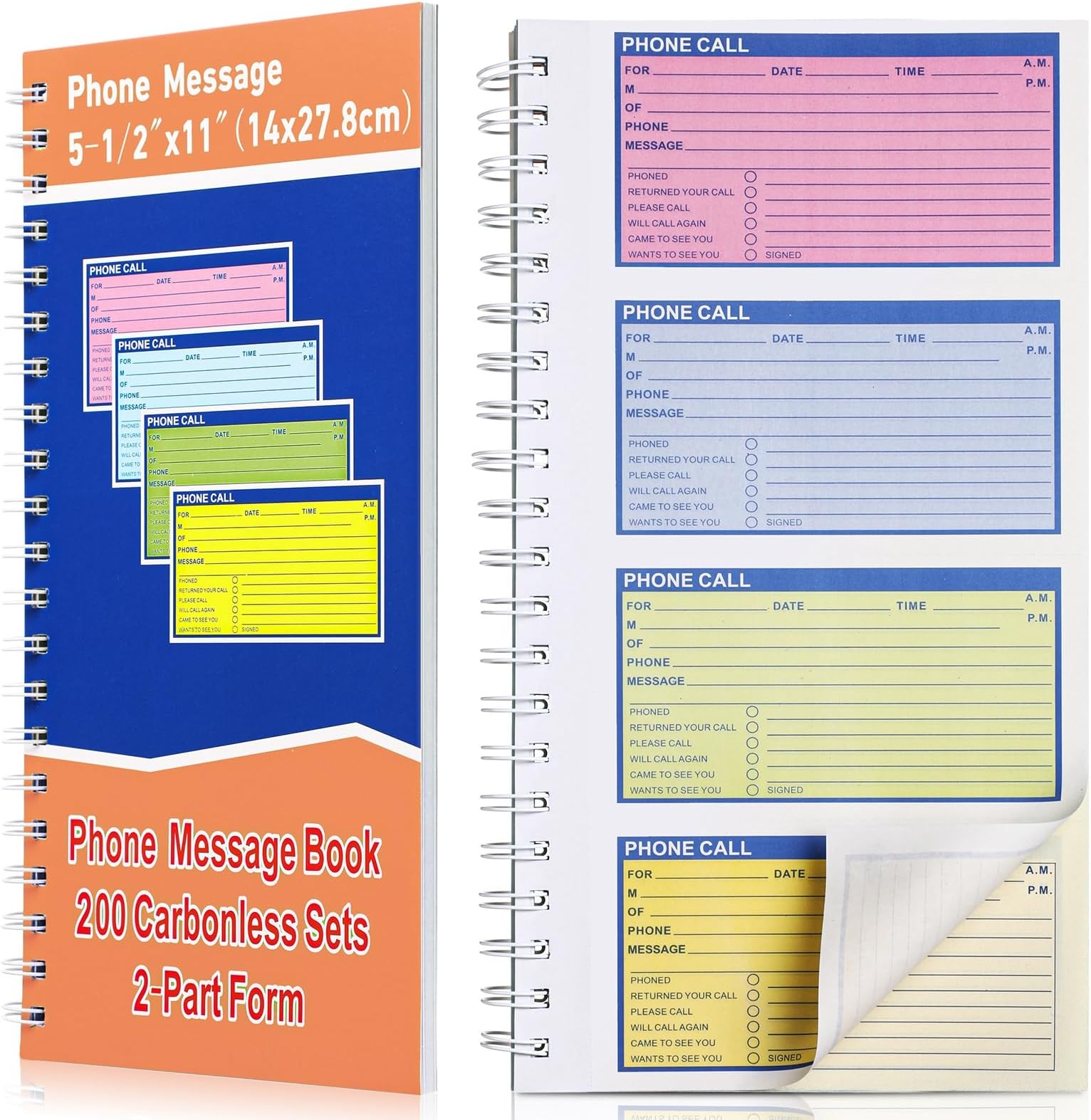 Fullhawl 1 Pcs Spiral Bound Phone Message Book 5-1/2" x 11" 2 Part Colorful Carbonless Phone Message Pads 4 Messages Per Page Carbon Copy Notebook Spiral Phone Call Log Book for Business Office