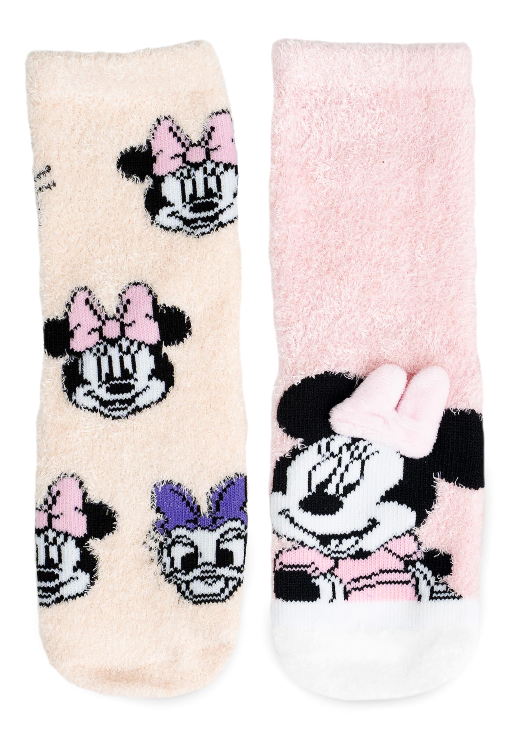 Disney Minnie Mouse 3D ABS Kuschelsocken für Mädchen - Flauschige Kinder Wintersocken Stoppersocken antirutsch Socken Rosa/Beige (2er Pack)
