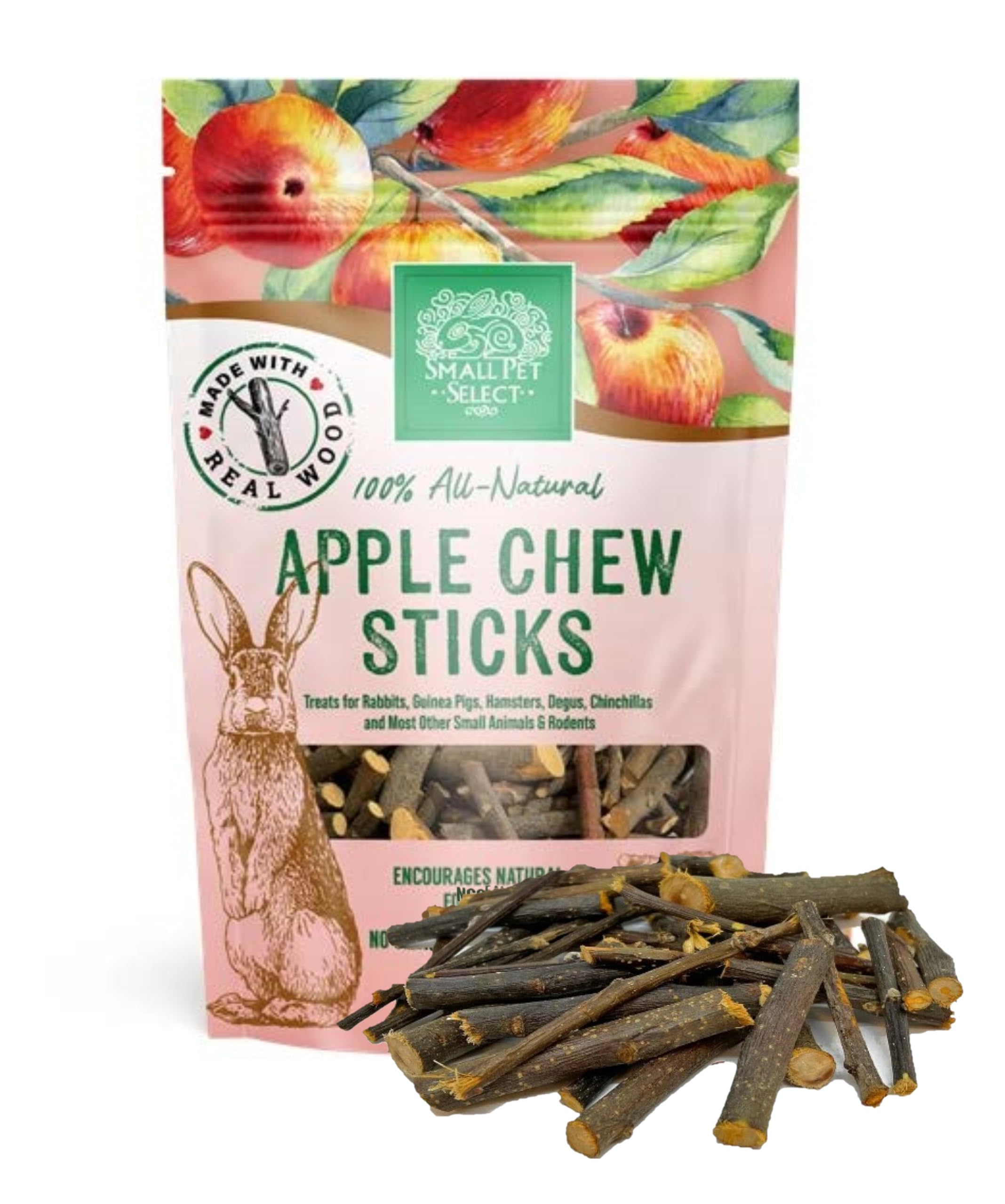 SMALL PET SELECTNatural Apple Chew Sticks (Gnaw) for Rabbits, Guinea Pigs, Hamsters, Gerbils, Mice, Rats & Chinchillas, 80g