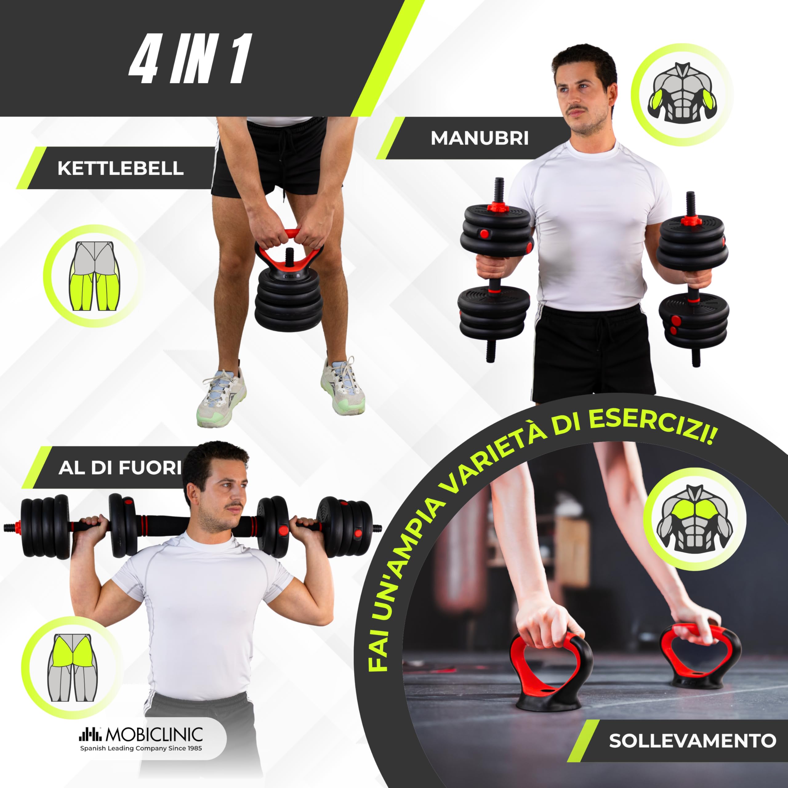 Mobiclinic®, Manubri Regolabili 20 kg, 4 in 1, Set di Pesi, Manubri, Kettlebell e Supporto per Flessioni, Barra di Collegamento, Impugnatura Antiscivolo, Mobimax, Palestra Domestica, Fitness