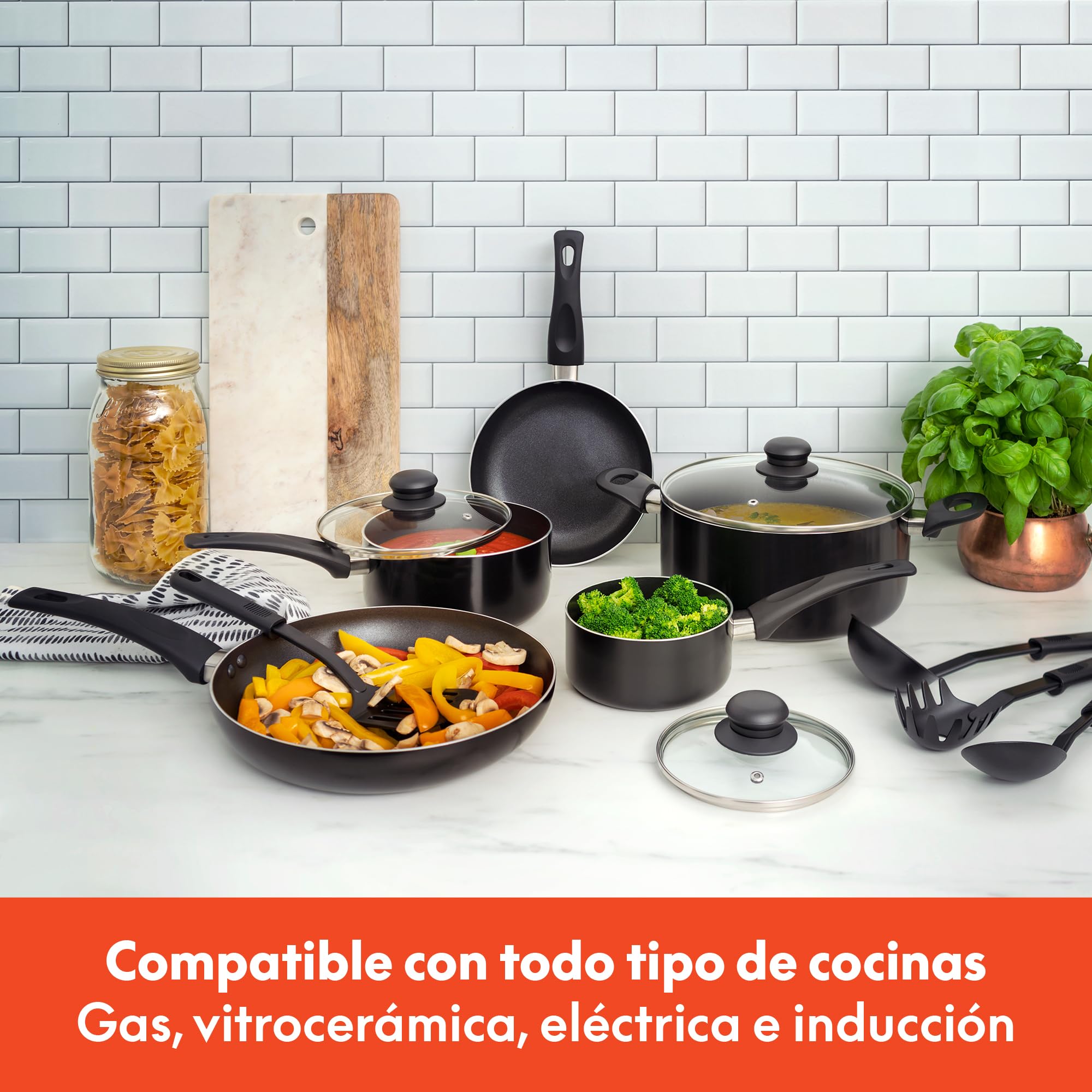 bella Juego de utensilios de cocina, 12 ollas y sartenes con utensilios, antiadherente sin PFOA, superficie de cocción resistente a los arañazos, compatible con todas las estufas, nailon y aluminio,