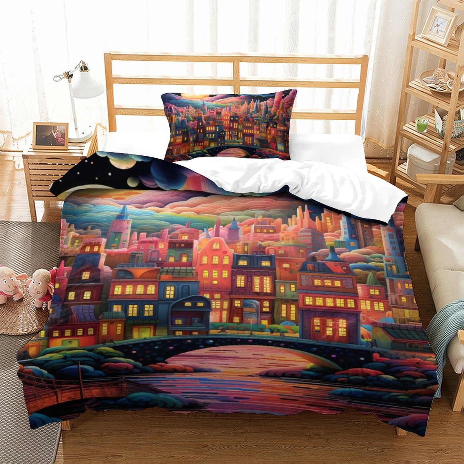 Housse de couette ville 3D pour lit enfant single en microfibre avec sa taie d'oreiller