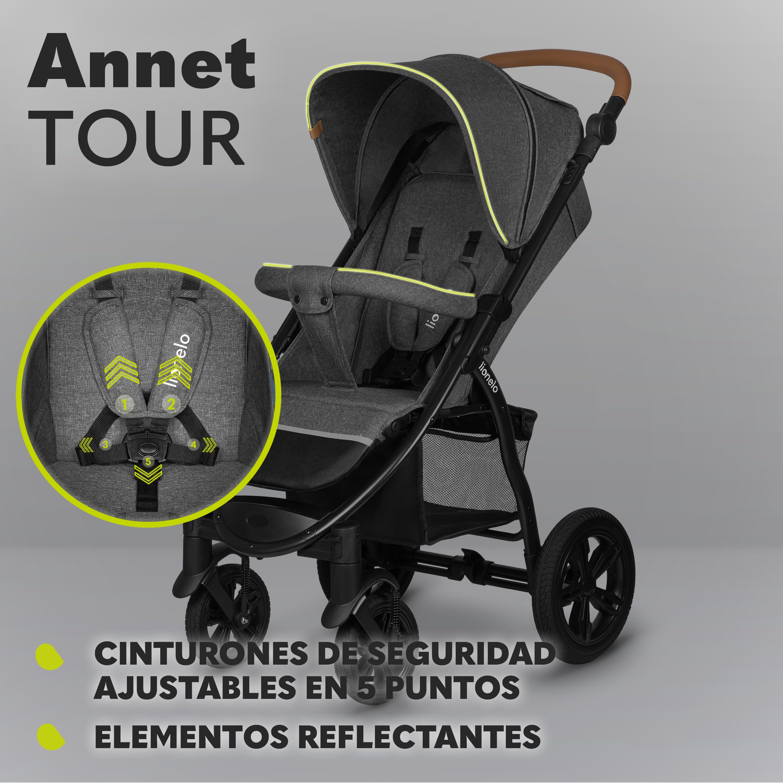 LIONELO Annet Tour Silla de paseo, bebe carro, hasta 22 kg, ajuste del respaldo a la posición tumbada, ruedas sin mantenimiento, capota impermeable XXL, cinturones de 5 puntos (gris)