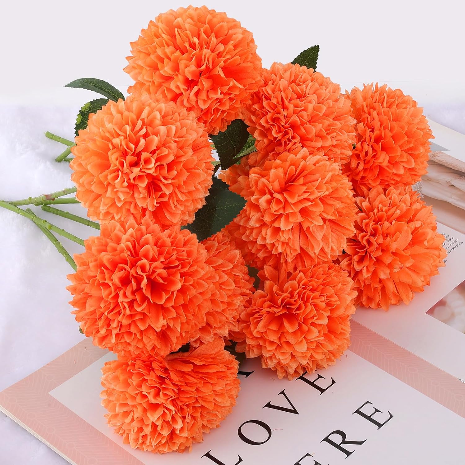 Hananona 12 Pcs Artificial Chrysanthemums Flowers Marigolds Ball Flower, Orange Fake Mums Silk Fall Flowers for Autumn Dia de Los Muertos Home Decor Day of The Dead Table Centerpiece (12, Orange) - Image 8