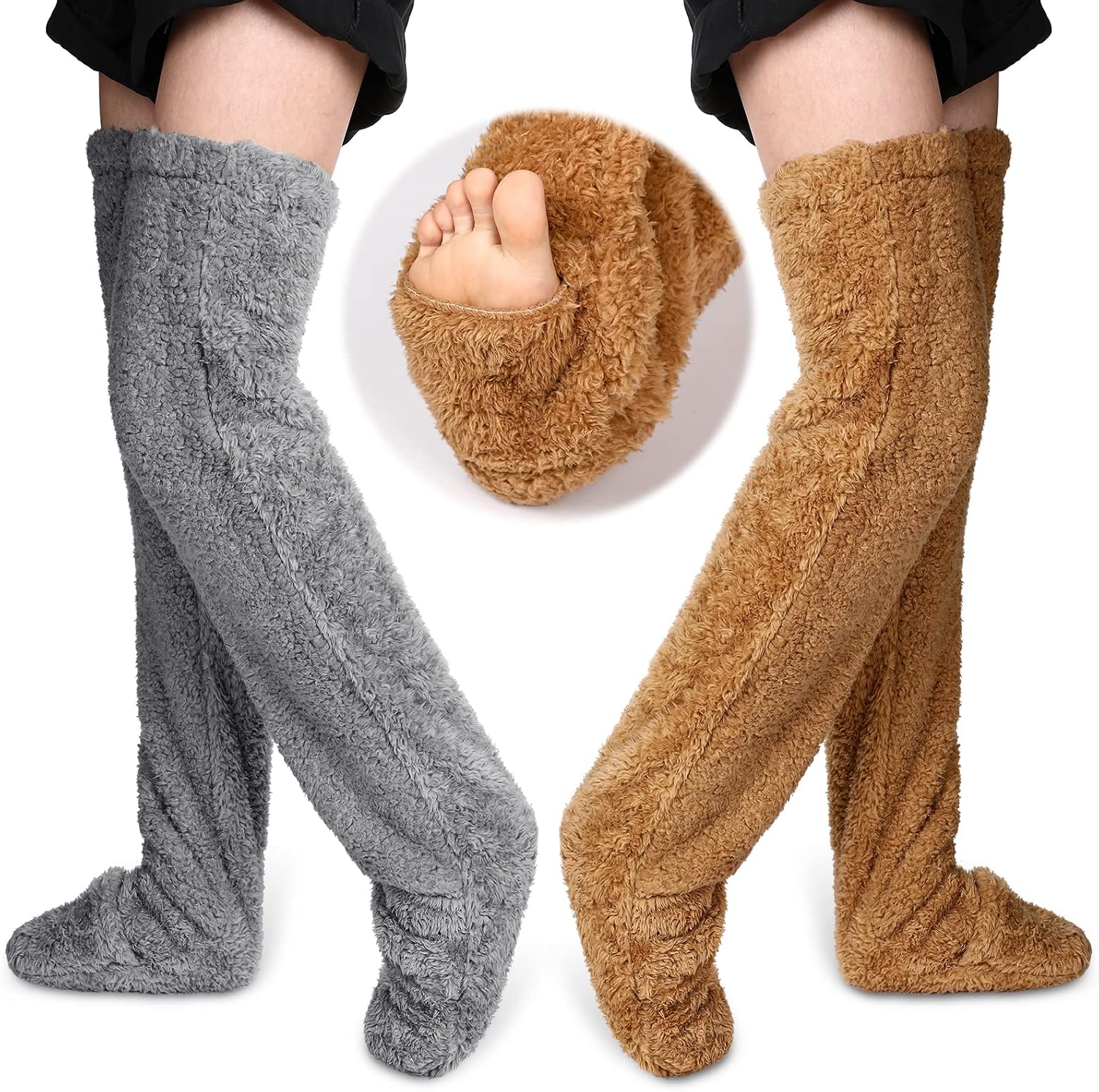 Vicenpal 2 Pairs over Knee Fuzzy Socks Leg Warmers for Women, Thigh High Fuzzy Slipper Home Winter Leg Warmers Sleeping