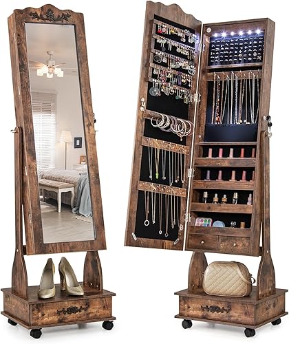 Miniatura 10 de CHARMAID Armario de joyería con 6 luces LED con espejo de longitud completa armario de joyería con cerradura con ruedas cajón inferior caja