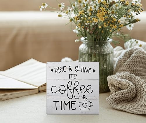 Miniatura 2 de Accesorios de barra de café, decoración de cafetería, decoración de caja de madera con texto en inglés "Rise and Shine It's Coffee Time", decoración