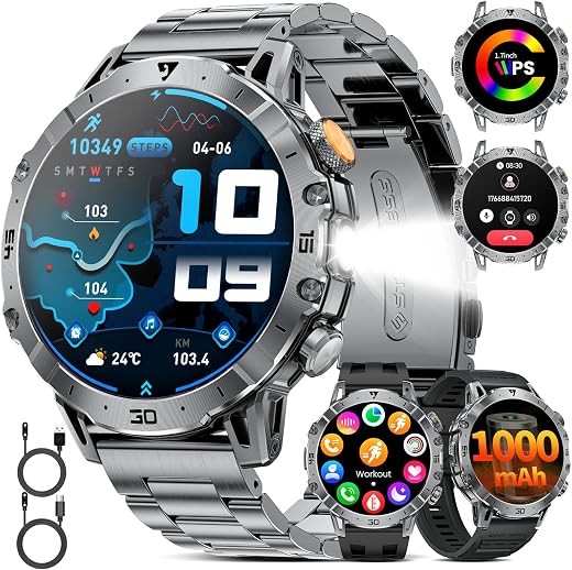 SUNKTA Military Smart Watch for Men(3 Bands),1.7" HD Large Display/1000mAh Smart Watches with LED Flashlight for Android i...