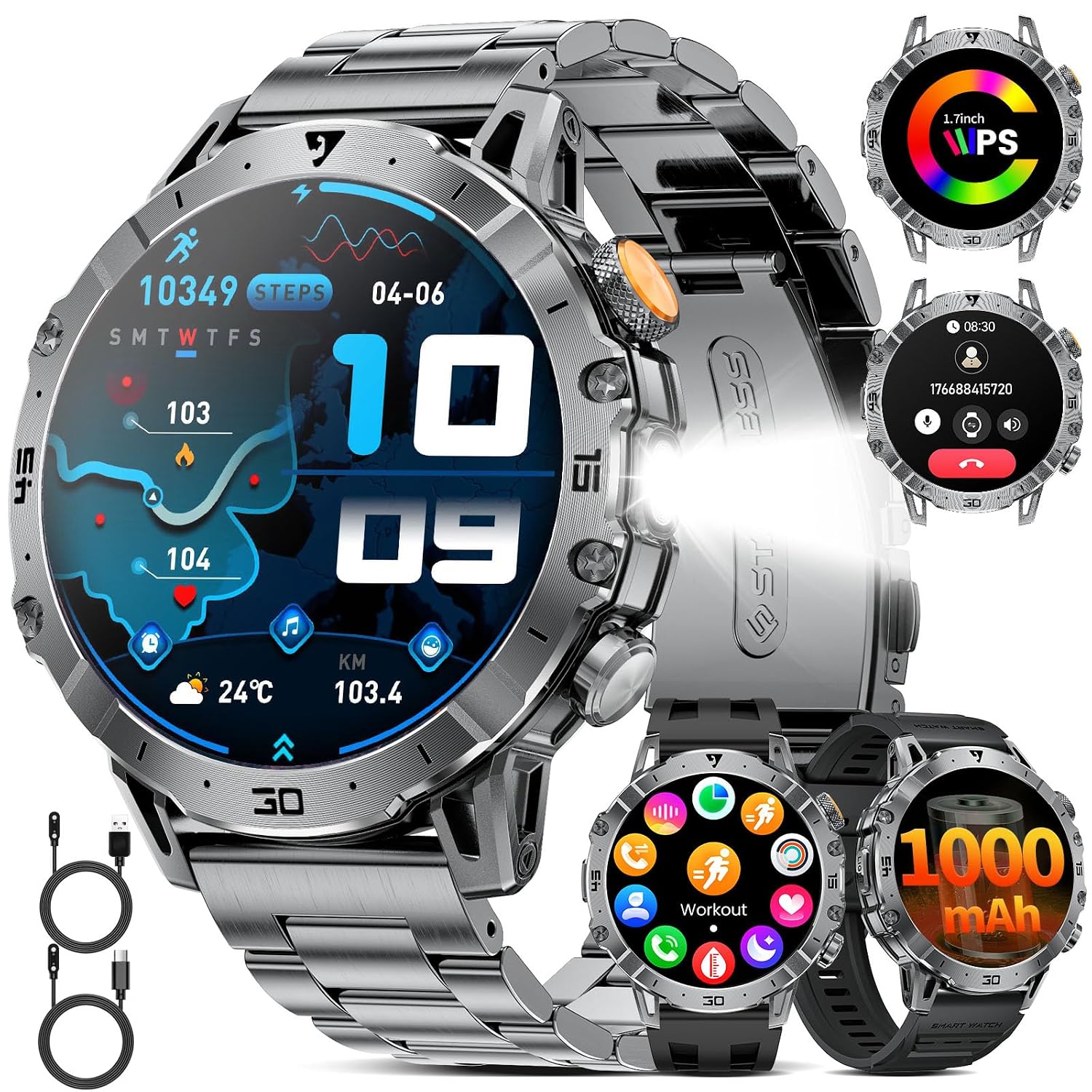 SUNKTA Military Smart Watch for Men(3 Bands),1.7" HD Large Display/1000mAh Smart Watches with LED Flashlight for Android i... - Review, Price and Buying Guide
