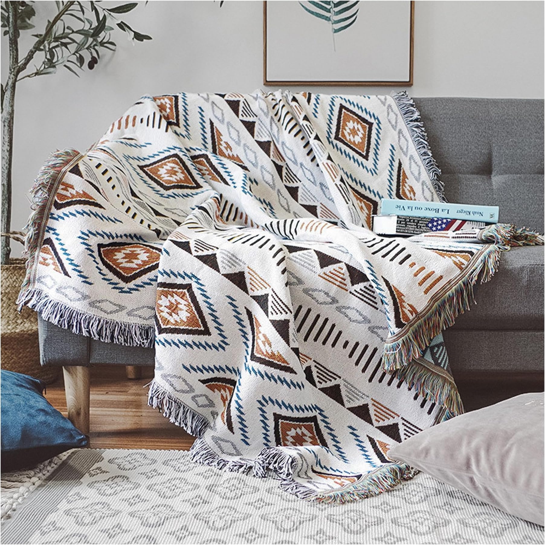 Czyminrout Boho blanket sofa blanket with tassel，Aztec ethnic style reversible blanket sofa blanket bedspread，for home, office, travel, camping (130 * 180cm)