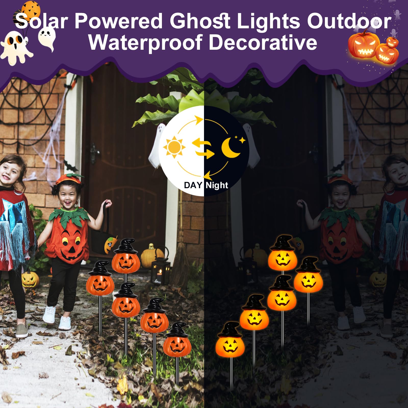 Lot de 10 lampes solaires en forme de citrouille pour Halloween, décorations d'Halloween pour extérieur jardin et cour (citrouille chapeau)