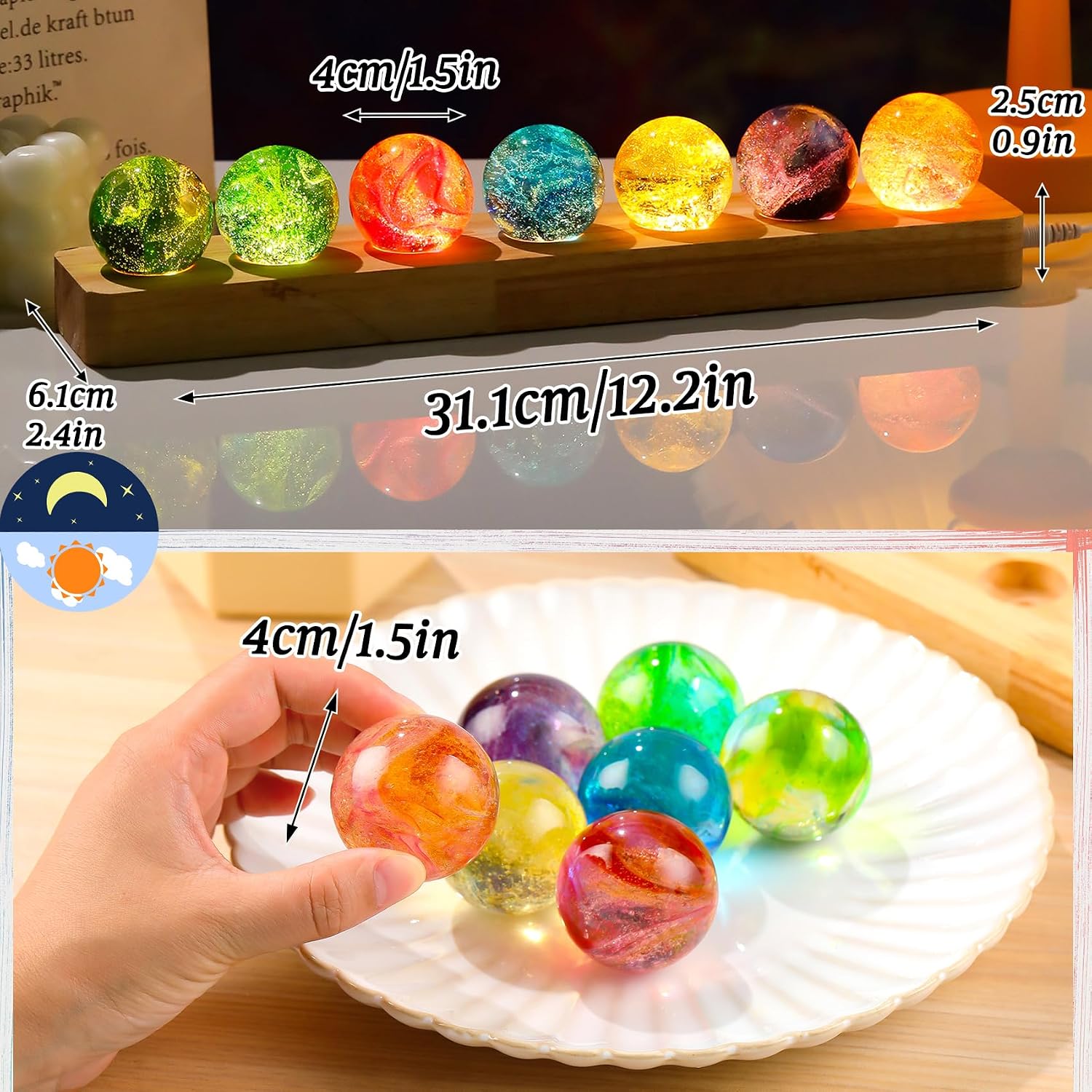 7 Pcs 40mm Colorful Crystal Glass Chakra Balls Set Decorative Natural Spheres with LED Wooden Base Night Light Decor for Home Wedding, Party Positive Energy Gifts
