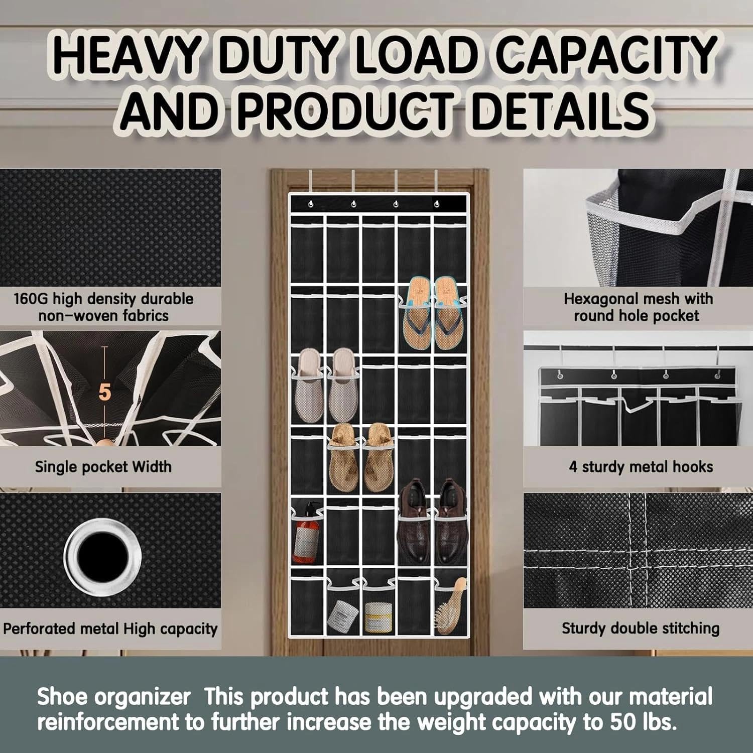 for Over the Door Shoe Organizer with 30 Breathable Mesh Pockets, Shoe Organizer, Large Capacity, Breathable mesh Pockets, 30 Pockets, Compatible with Most Doors