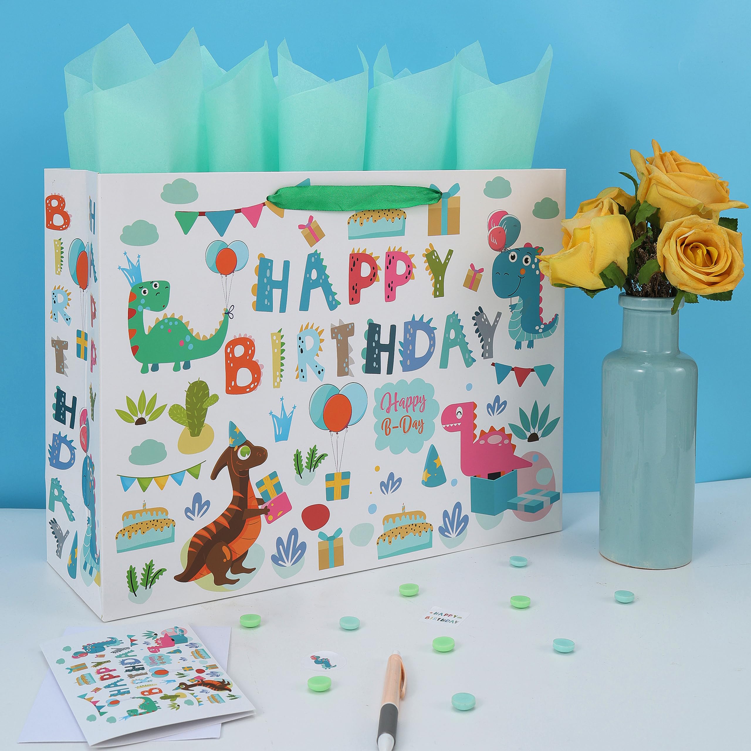 16.5” Extra Large Dinosaur Happy Birthday Gift Bag Set with Handles, Greeting Card, Tissue Papers and Stickers for 1st Birthday 2 Year Old Boys’, Girls', or Kids' Party, Newborn, New Moms or Parents, 1 Pcs