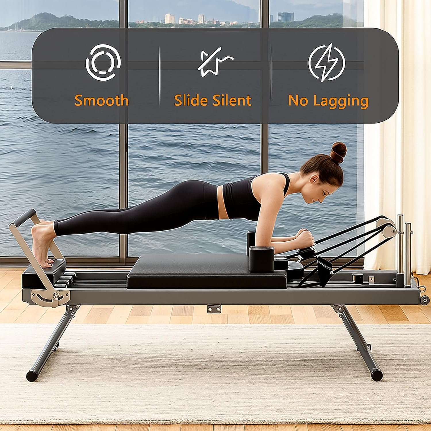 XL Foldable Pilates Reformer with Dynamic Resistance Cords and Aerobic Rebounder, 400lbs Capacity Home Gym Equipment, Multi-Functional Full-Body Workout Machine, Up to 6'9" Height Friendly, (Black)