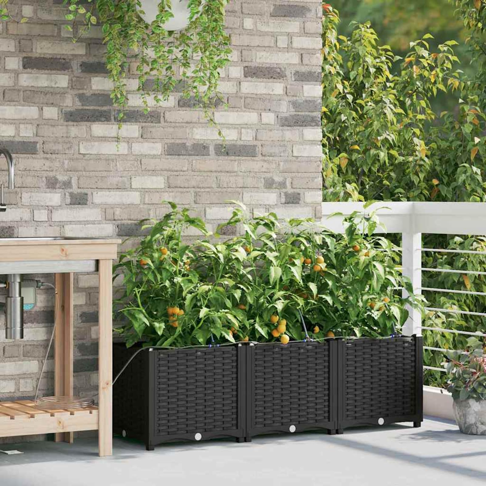 Geecher Vaso da Giardino 3 Pezzi, con Sistema di irrigazione Integrato, 120x40x37,5 cm, in Acciaio Nero, fioriera per Esterno per Principianti e Appassionati di Giardinaggio