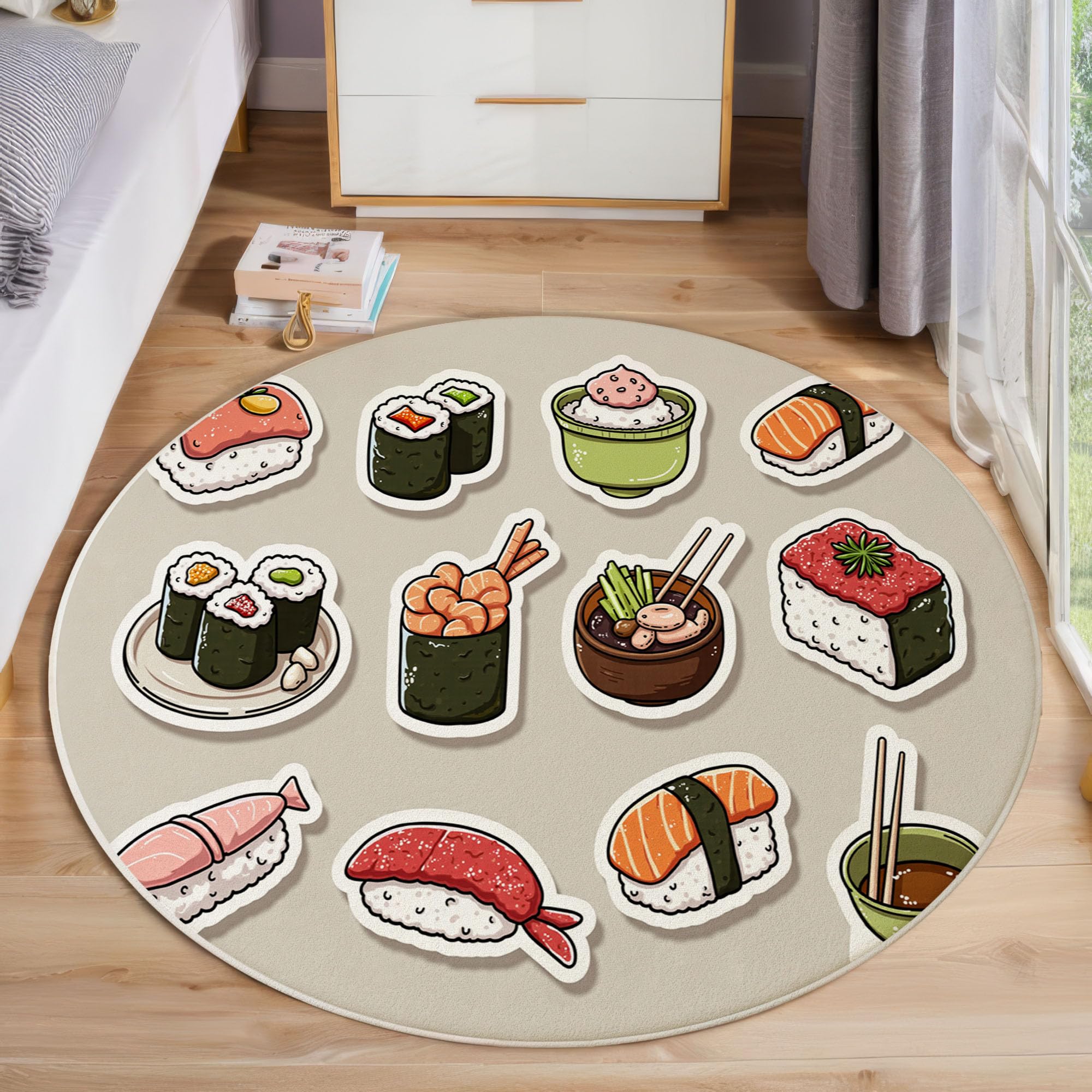 Tapis rond sushis lavable pour éviter les glissades dans le salon beige