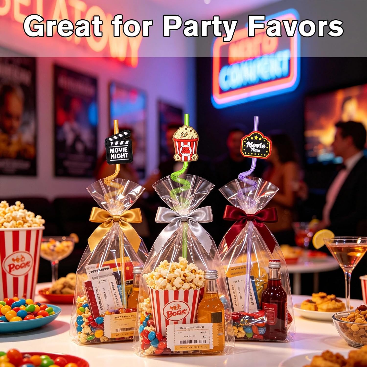 24 Movie Night Party Favors Reusable Plastic Drinking Silly Straws Supplies