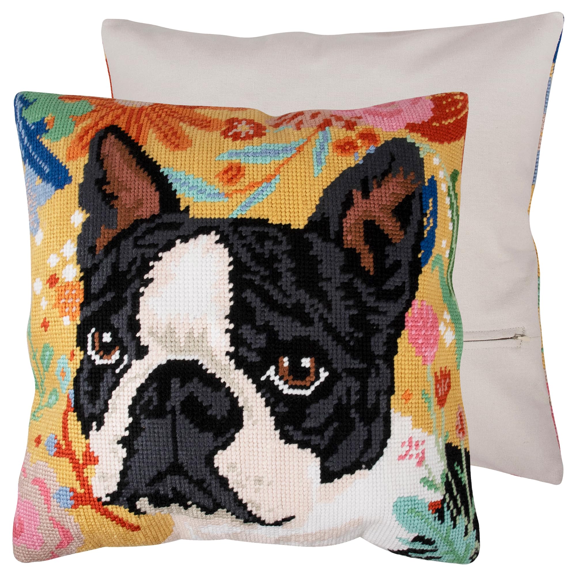 Trimits Half Stitch Cross Stitch Cushion Kit, Cushion Back Included, Pre Printed Canvas, Yarn and Needle Included 40 x 40cm (15.75 x 15.75in), Dog