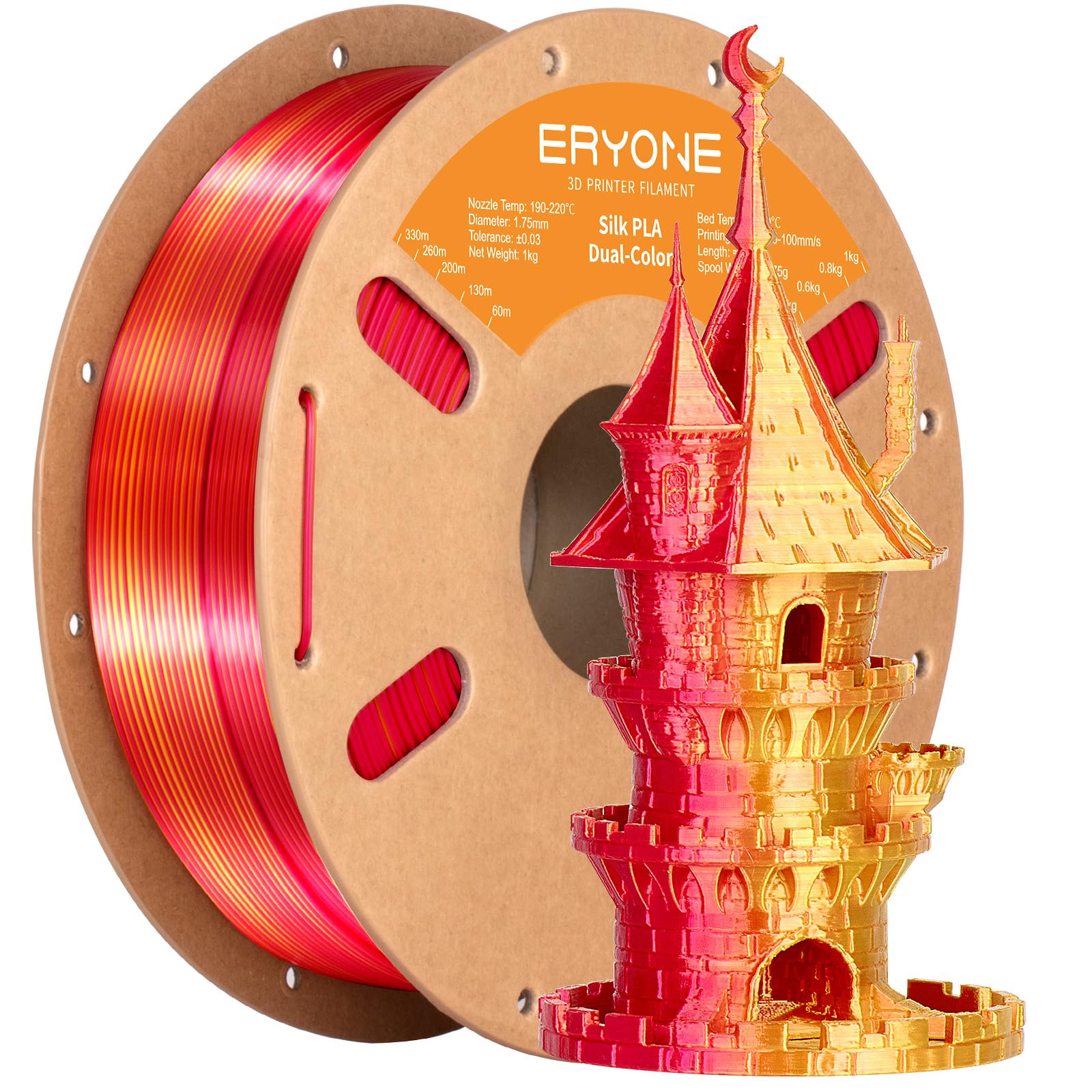 ERYONE Silk Dual Color PLA Filament 3D Printer 1.75mm +/- 0.03mm, Bicolor Filament Two Tone PLA 1KG(2.2lbs) Cardboard Spool, Red Gold