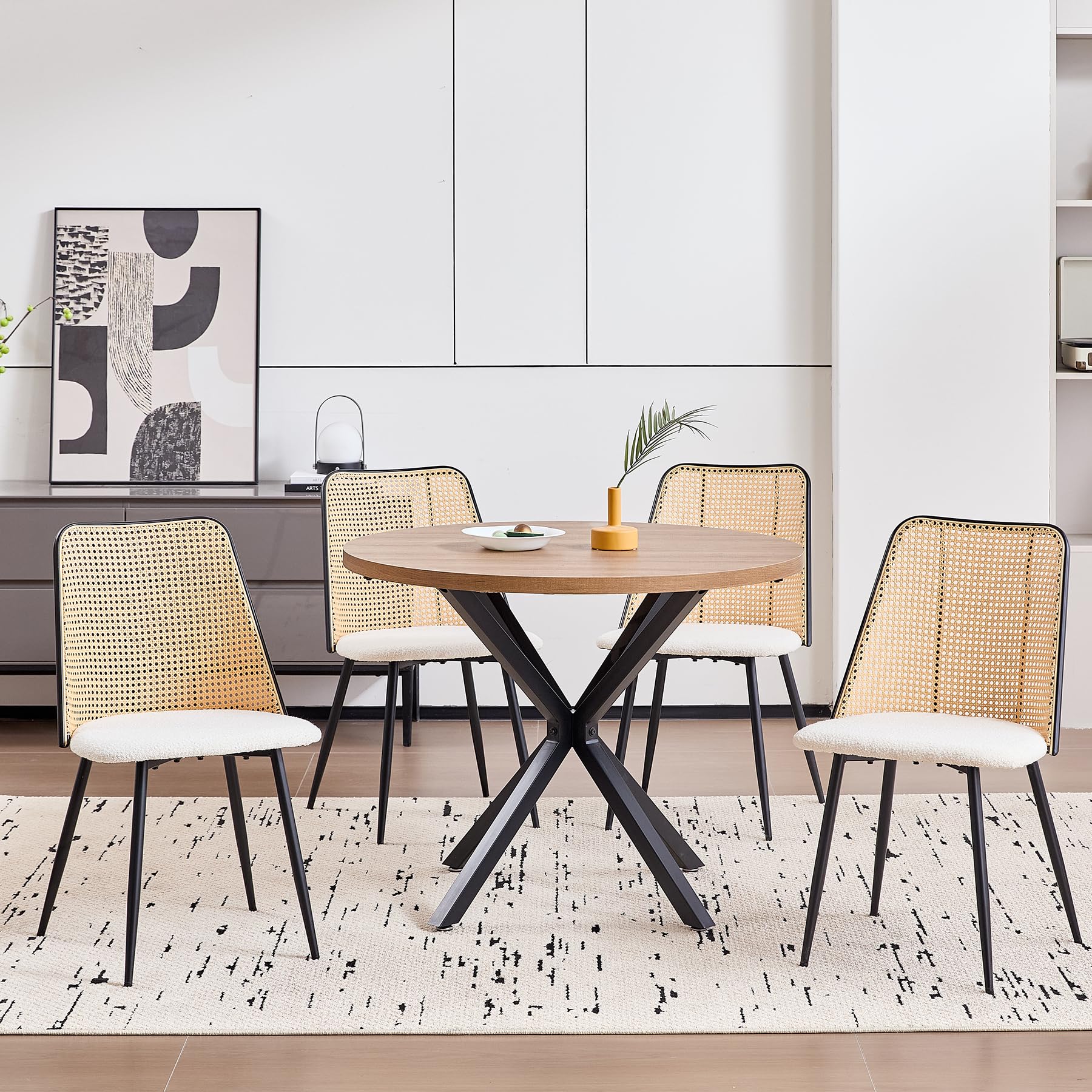 Juego de 8 Sillas de Comedor Modernas, Respaldo Tejido de Ratán, Asiento de Felpa Granulada, Estructura de Metal Negro, se Puede Usar como Silla de Cocina, Silla de Sala de Estar