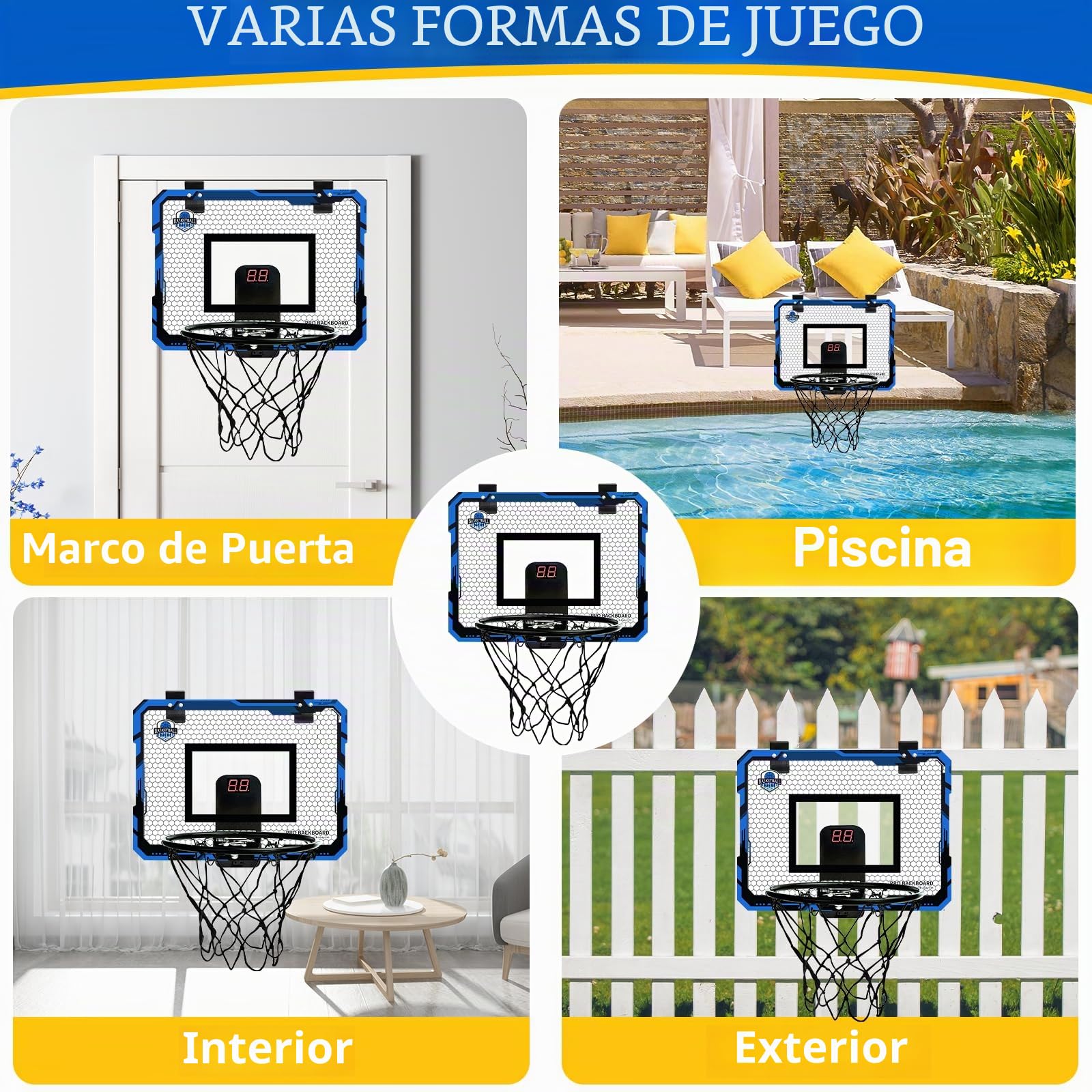 Canasta Baloncesto Infantil,Mini Canasta de Baloncesto Interior,con puntuación automática,4 Pelotas,2 Redes,Aro Baloncestos Interior Exterior Pared para de 5 6 7 8 9 10 11 niños niñas（Azul）