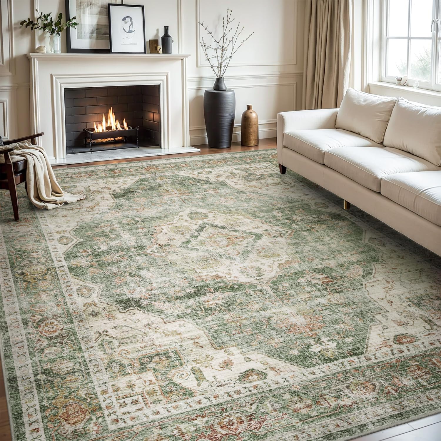 ( Similar) AMOAMI-Area Rug 8X10 Rugs for Living Room-Vintage Soft Green Rugs for Bedroom-Non Slip Carpet-Washable Rug for Dining Room Living Room Bedroom Office Under Table Olive Green 8' x 10' (Rectangular)