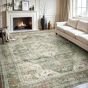 AMOAMI-Area Rug 8X10 Rugs for Living Room-Vintage Soft Green Rugs for Bedroom-Non Slip Carpet-Washable Rug for Dining Room Living Room Bedroom Office Under Table