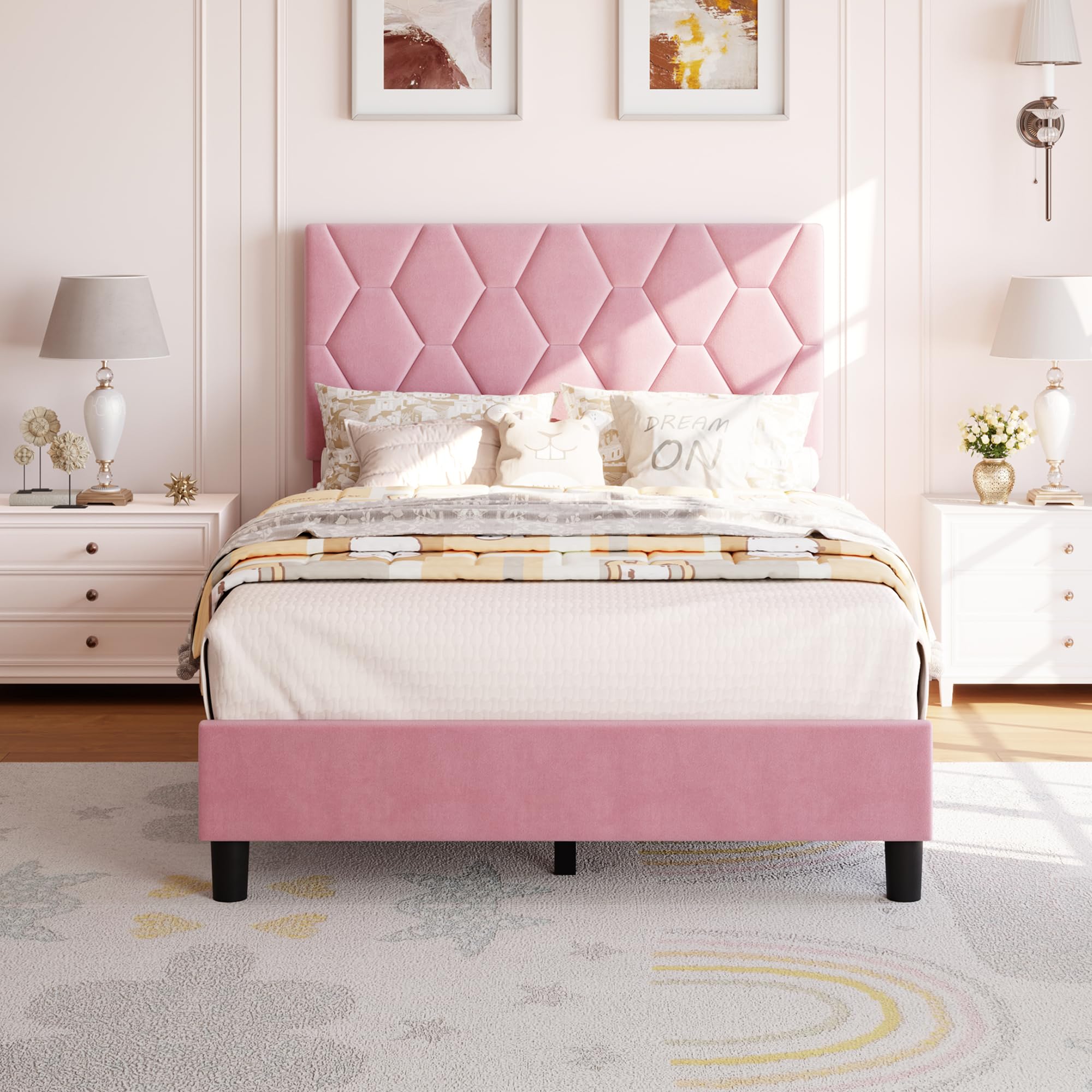 Base de cama de plataforma de tamaño individual con cabecera tapizada y soporte de listones de madera, base de colchón tapizada de terciopelo, no necesita somier, fácil montaje, rosa 3