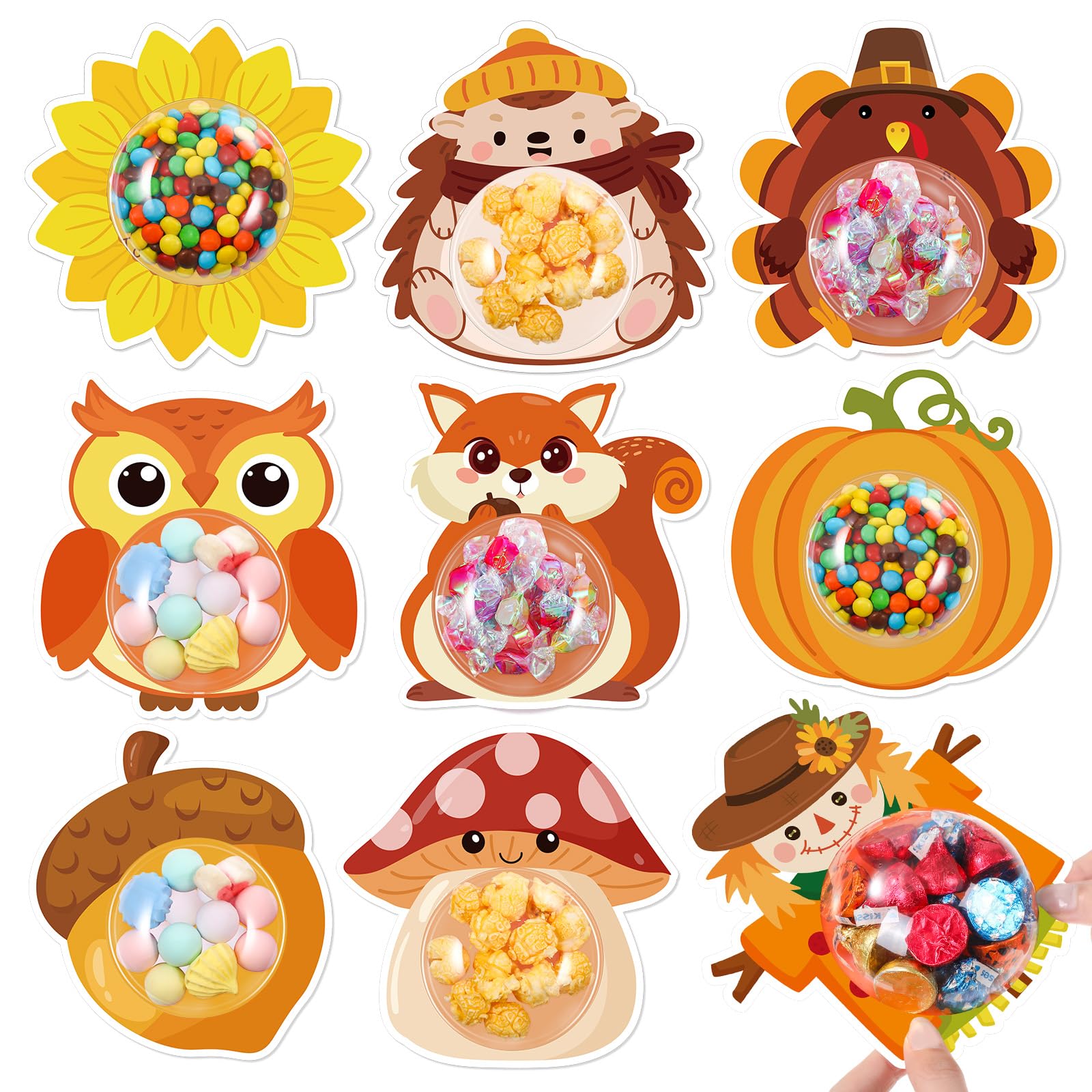 Blosssound 36 Sets Fall Candy Holder Domes DIY Thanksgiving Candy Greeting Cards Pumpkin Scarecrow Sunflower Harvest Cards with Domes for Autumn
