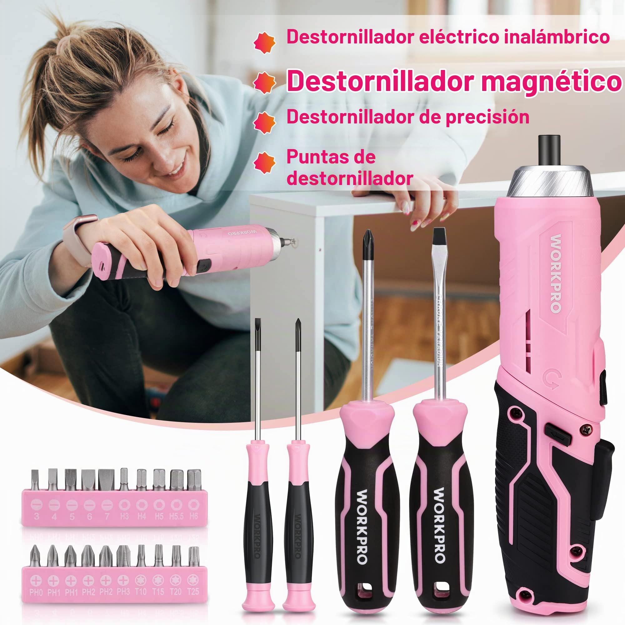 WORKPRO Juego de Herramientas con Destornillador Eléctrico, 73 Piezas Herramientas con Maletín Rosa Portátil, Herramientas Duraderas y Resistentes, Perfecto para Bricolaje, Mantenimiento del Hogar