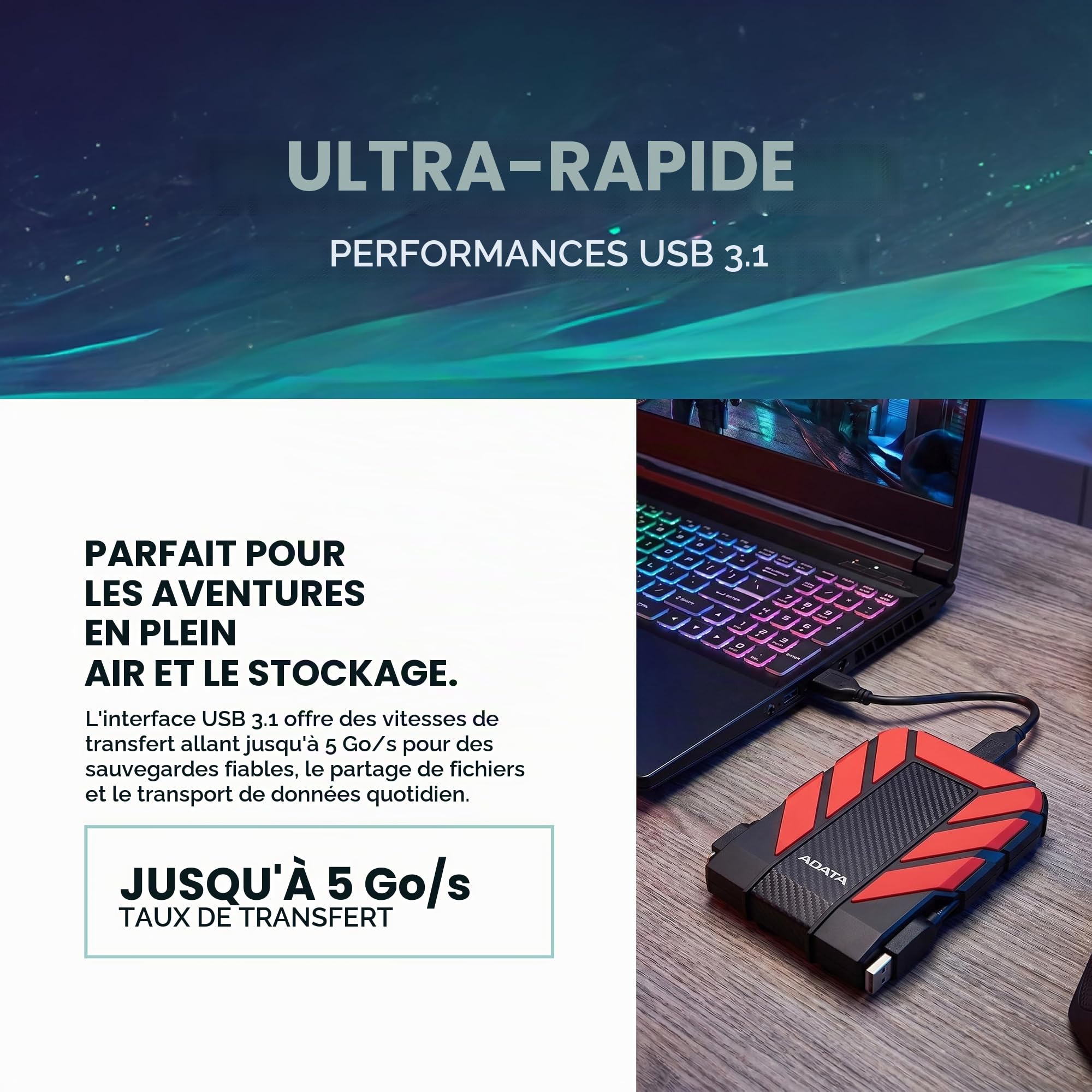 ADATA HD710 Pro Disque Dur Externe 1000 Go, USB 3.2 Gen1 Noir/Rouge