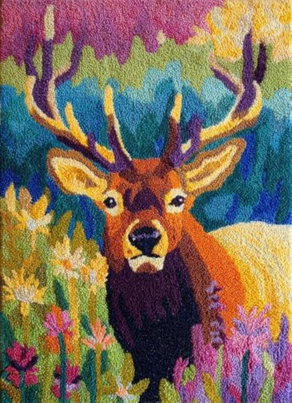 XDEGHUANGSS Latch Hook Rug Kit Elk Portrait in Flowers with Pre-Printed Mat Cover DIY Cushion Crochet Yarn Hooking Craft Set for Floor Decor 38x52cm-2