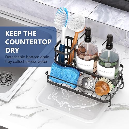 Miniatura 2 de Moderno organizador de fregadero de cocina, soporte de esponja para fregadero de cocina con bandeja de drenaje, resistente al óxido, antideslizante,