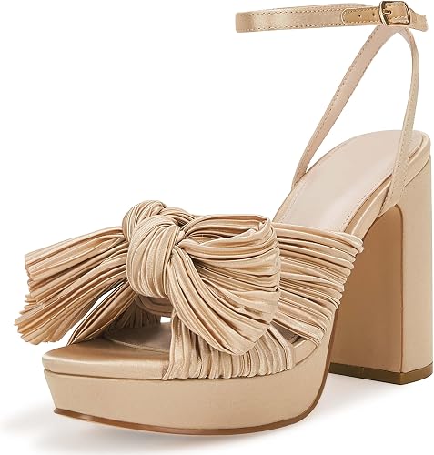 VETASTE Women's Pleated Bow Knot Platform Heeled Sandals Open Toe Chunky Block H