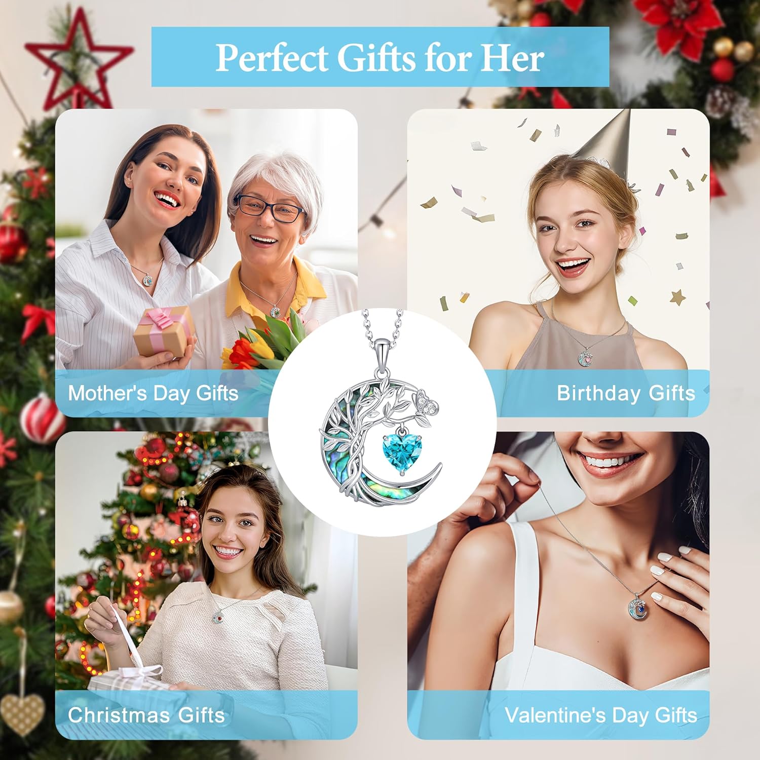 Distance Tree of Life Birthstone Necklace for Women, S925 Sterling Silver Premium Abalone Shell Moon Pendant, Heart Birthstone Necklace Christmas Anniversary Jewelry Birthday Gifts for Her Mom Wife - Image 6