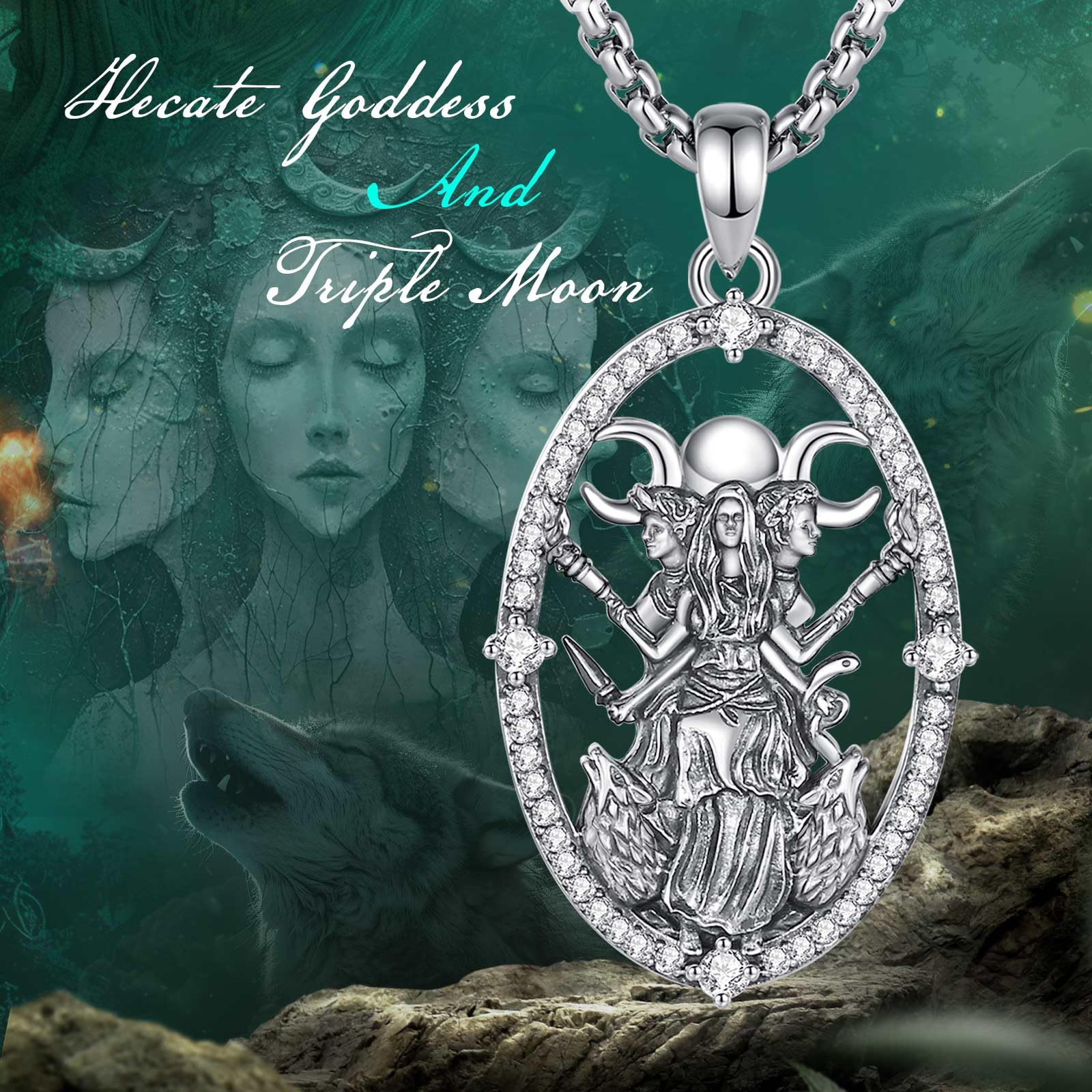 AEONSLOVE Hekate łańcuszek z wisiorkiem w kształcie , srebro próby 925, Lilith, łańcuszek na szyję z zawieszką w kształcie koła Hekate z potrójną zawieszką w kształcie księżyca