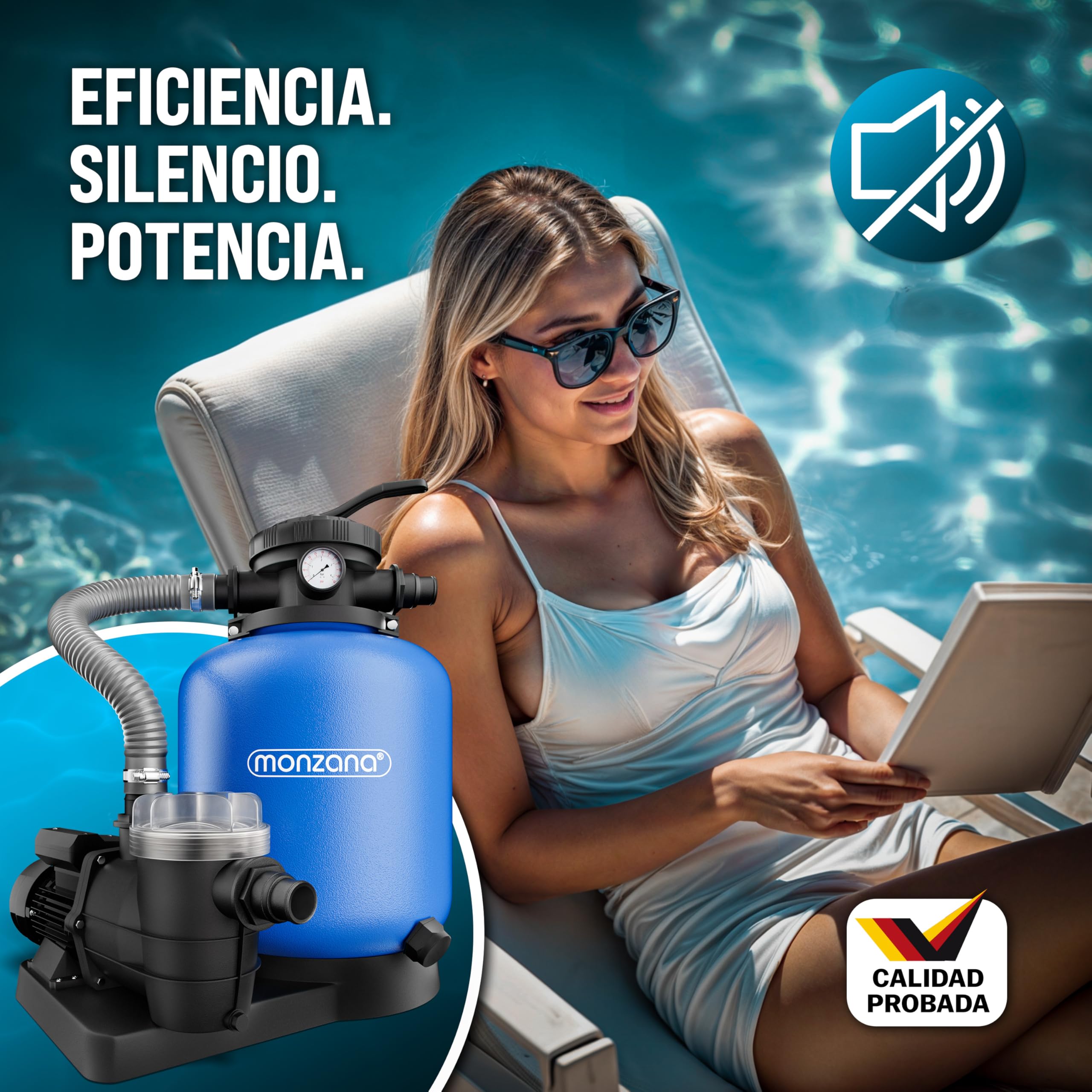 MONZANA Depuradora Piscina 13.200L/h | Filtro Arena 58.000L, Vidrio Filtrante, Válvula 7 Funciones Filtrado, Bomba, 600W, Adaptador Ø32-38mm, Indicador Presión